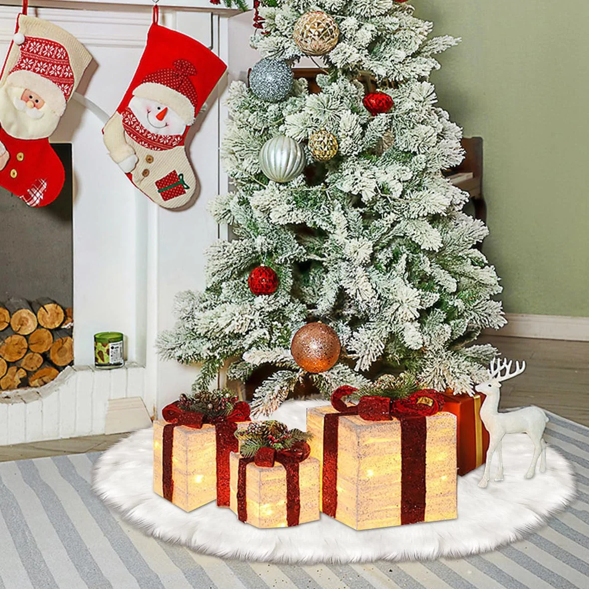 Tapis Sapin Noël 120 cm Blanc Fausse Fourrure Peluche Décorations Arbre