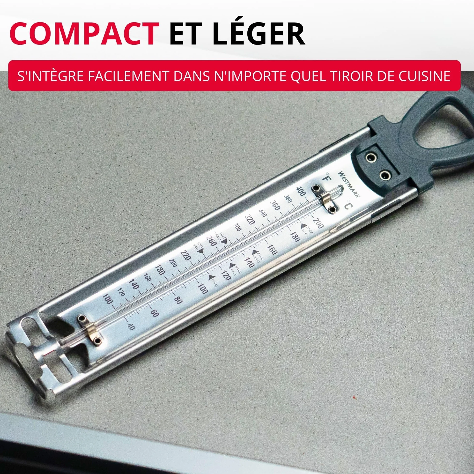 Westmark Thermomètre à Sucre Inox, 1 Pièce, Aide Confitures Fruits, Cadre Acier Inoxydable Pince Ajustable, Tube Verre Robuste