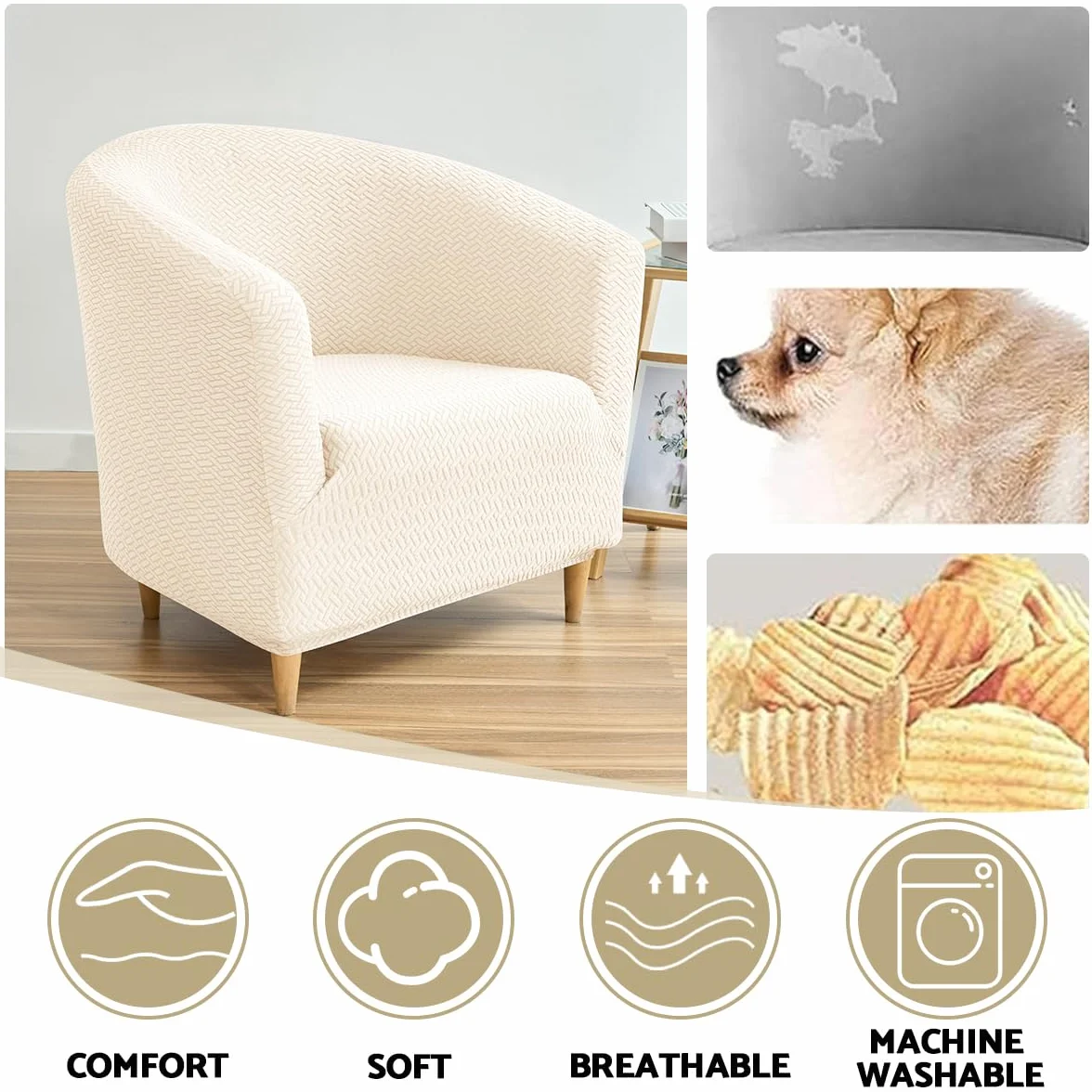 Housse de Fauteuil Cabriolet 1 Place Beige Chesterfield Jacquard Extensible Tub Chair pour Salon Café