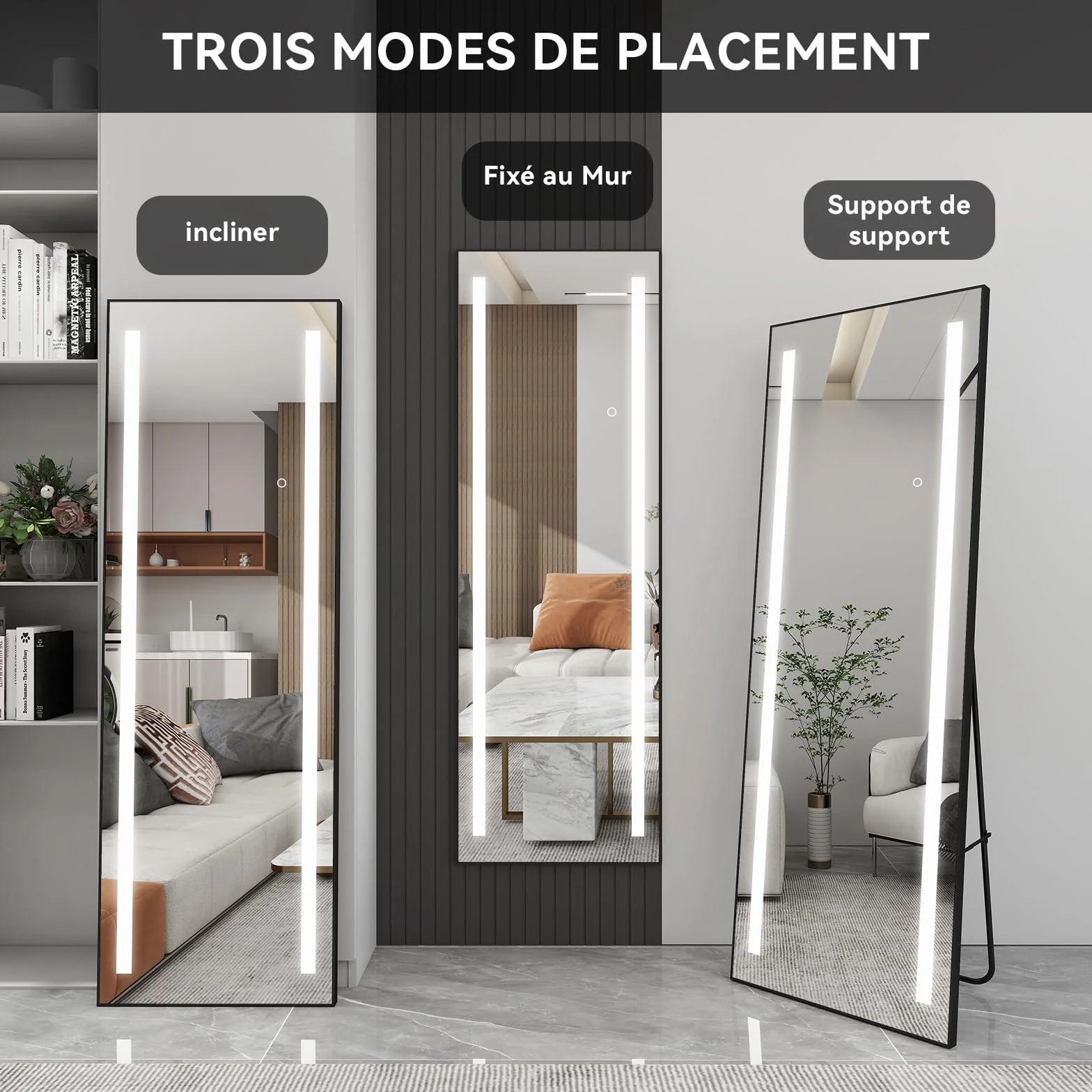 Grand Miroir sur Pied LED 150x50cm, Miroir Plein Pied Mural, 3 Couleurs Dimmable, Cadre Aluminium, Rectangulaire Noir