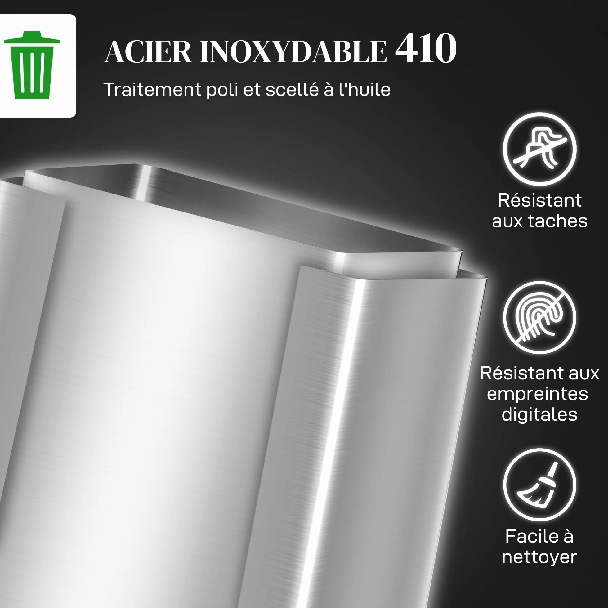 HOMCOM Poubelle de cuisine 2 x 30L à pédale acier inoxydable couvercle fermeture douce seaux amovibles 47,7x37,5x66,8 cm argenté