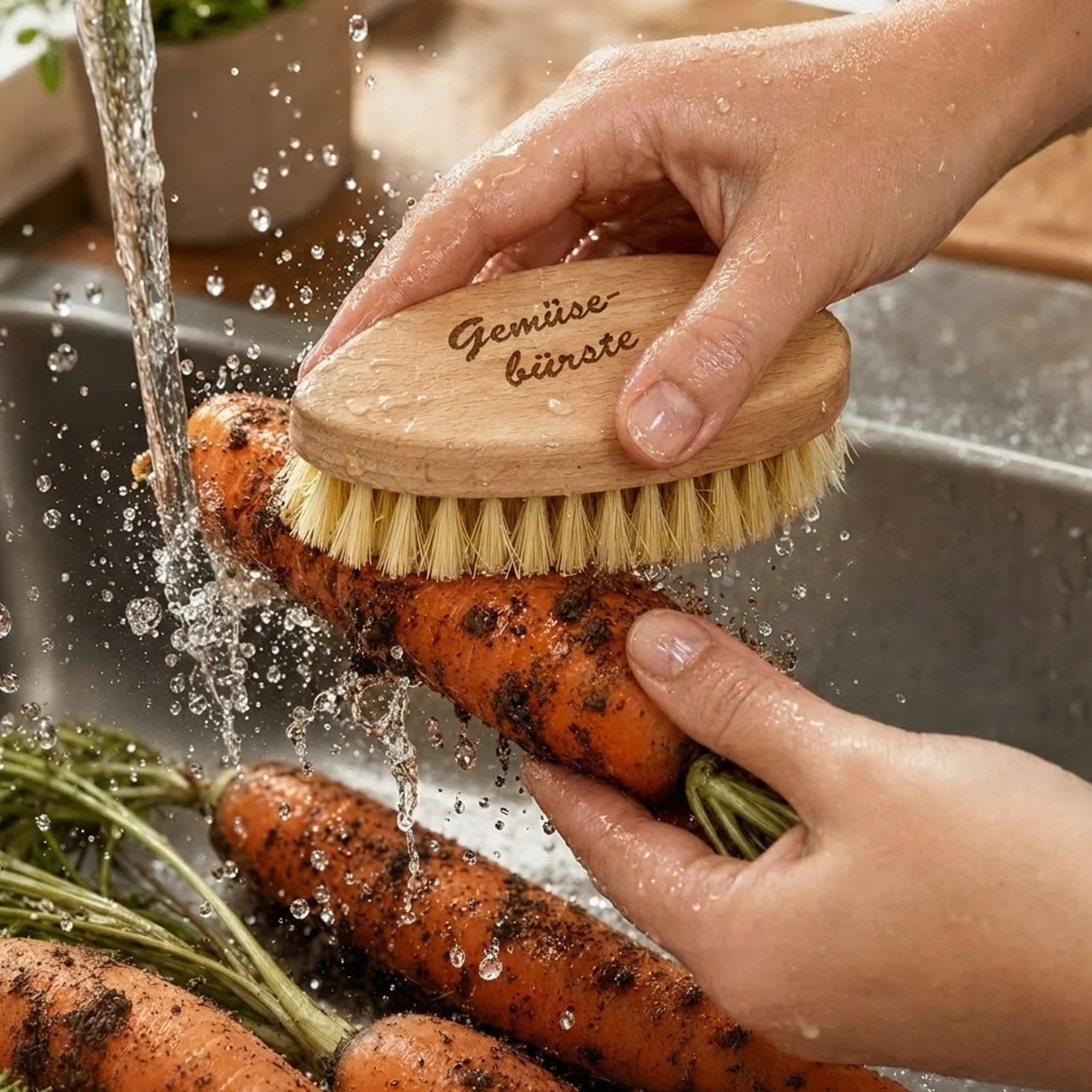 Brosse à légumes en bois de hêtre avec poils naturels durable pour laver légumes et fruits