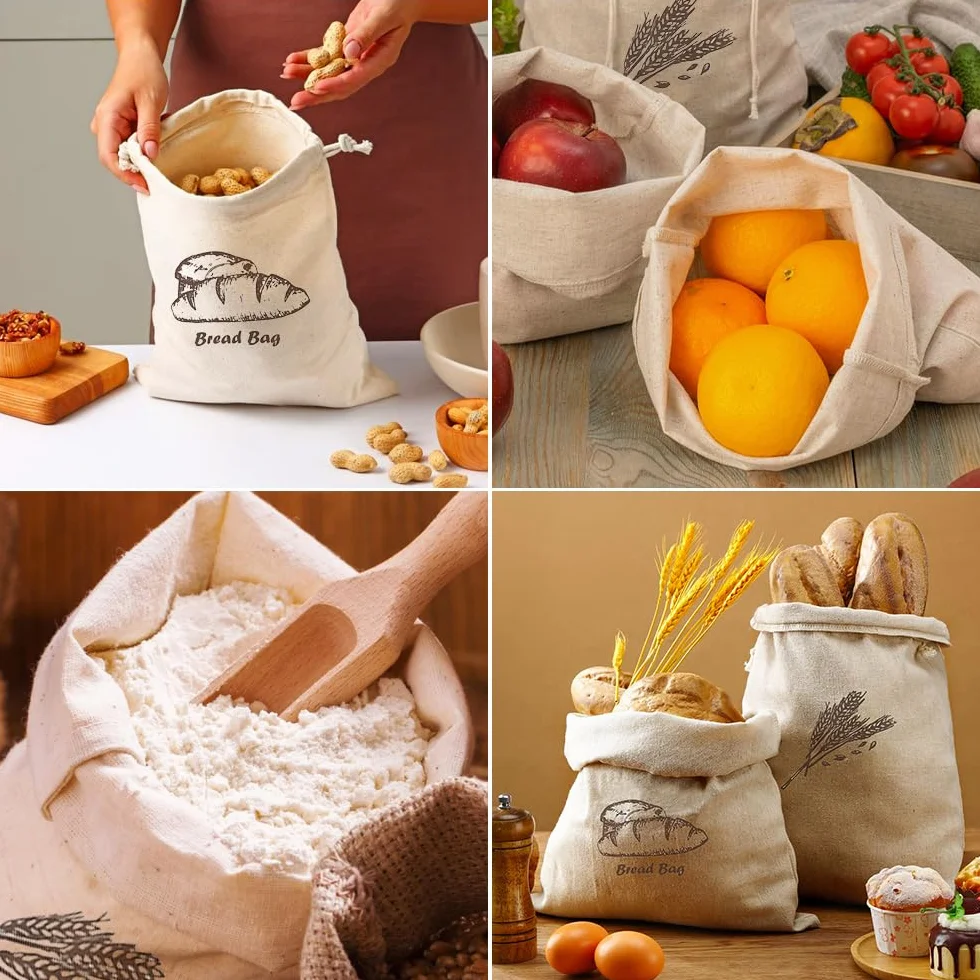 Sac à Pain Tissu Réutilisable 44 x 29 cm avec Cordon de Serrage pour Cuisine, Pain, Fruits et Légumes