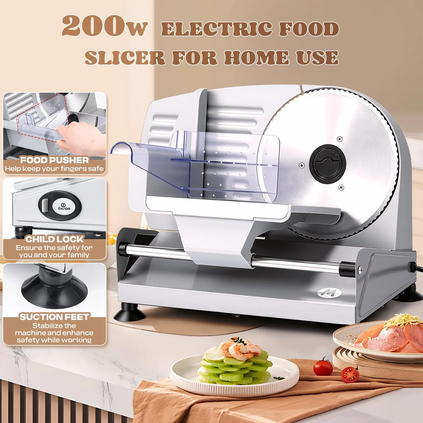 Moongiantgo Trancheuse Électrique à Jambon 200W Lame Acier Inox 19cm Réglage 0-15mm