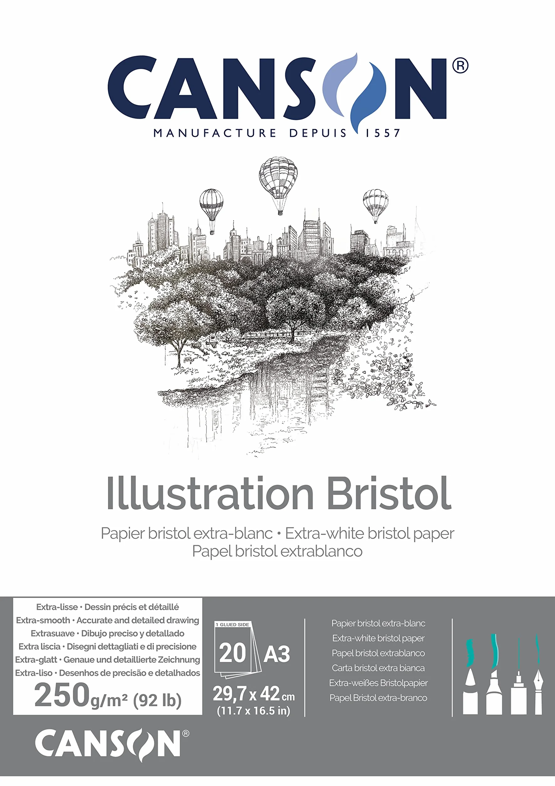 CANSON Bristol Bloc A3 250g/m² Extra-blanc 20 feuilles papier bristol satiné