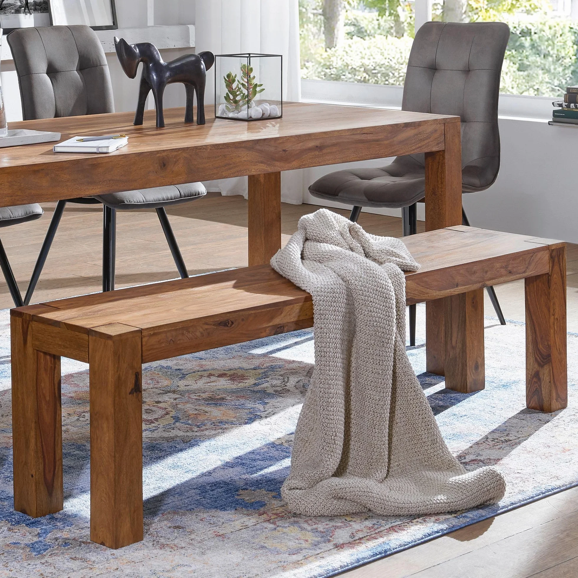 WOHNLING Banquette en Bois Massif Sheesham 160 x 45 x 35 cm Banc de Cuisine
