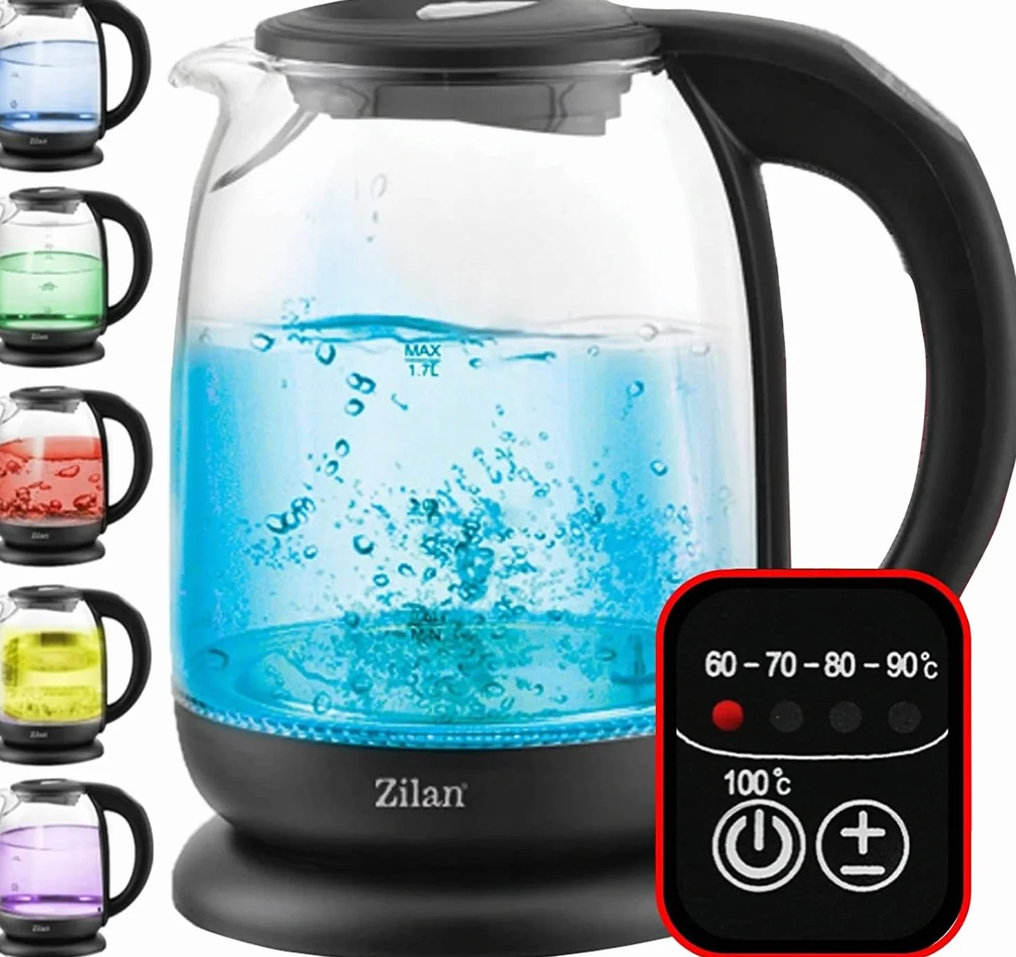Bouilloire en verre numérique LED 1.7L 2200W 5 réglages température sans fil 360°
