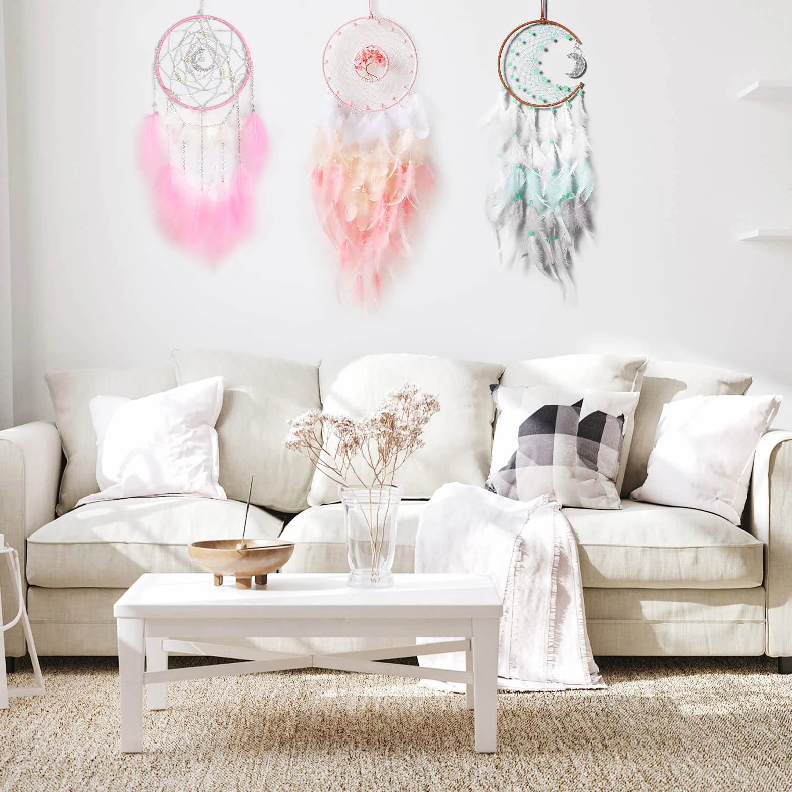 Attrapeur de Rêves LED Petit avec Lumière, Plumes Fait Main, Décoration Murale Maison (Gris)