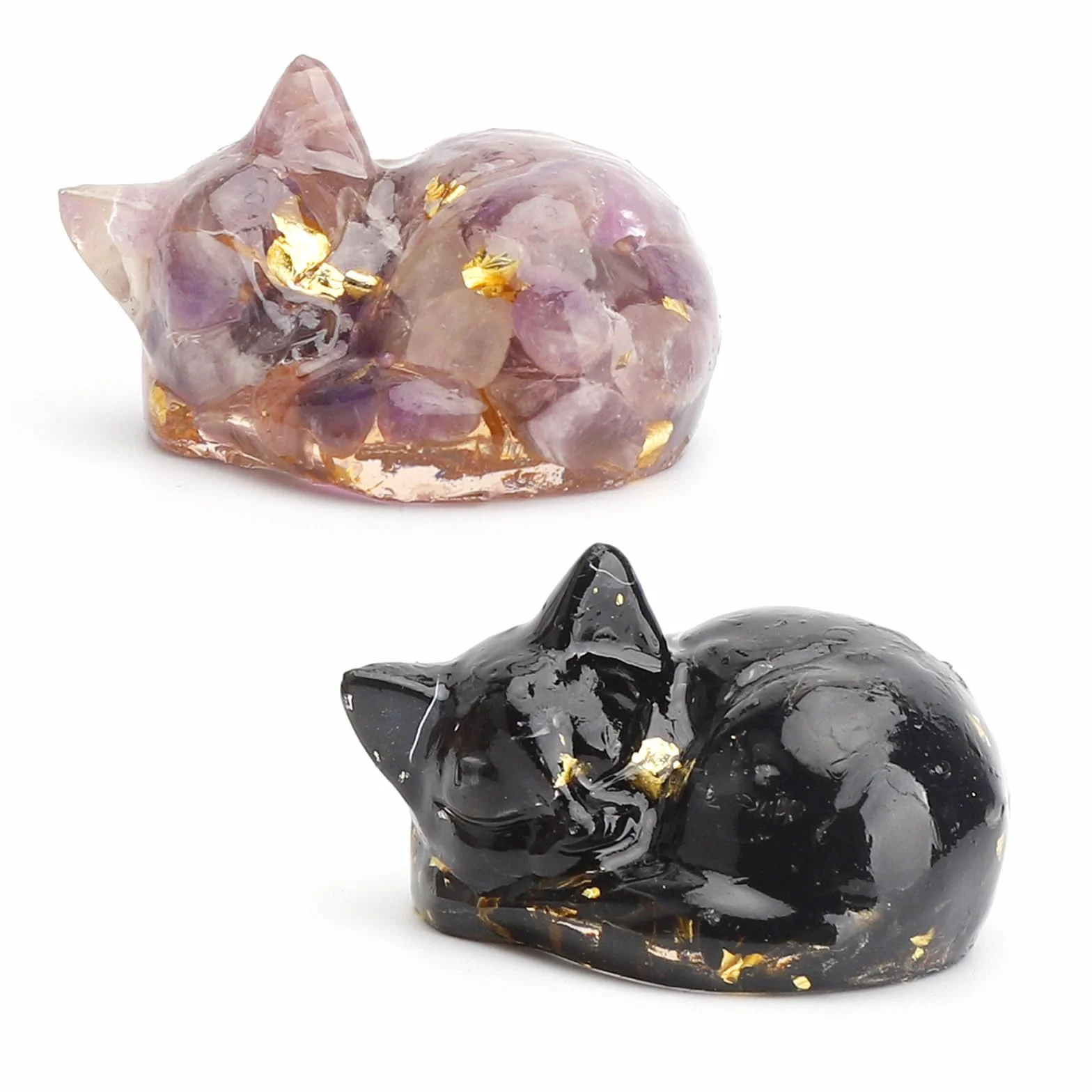Figurine Chat endormi Cristal d'améthyste Statue Pierre sculptée Porte-Bonheur Chat Noir Décoration