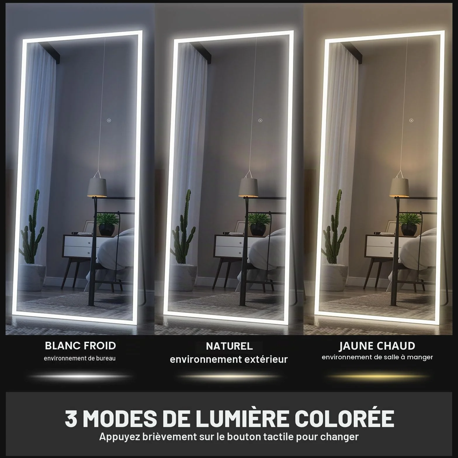 Calissando Miroir sur Pied Pleine Longueur avec Lumière LED 165 x 61 cm Blanc