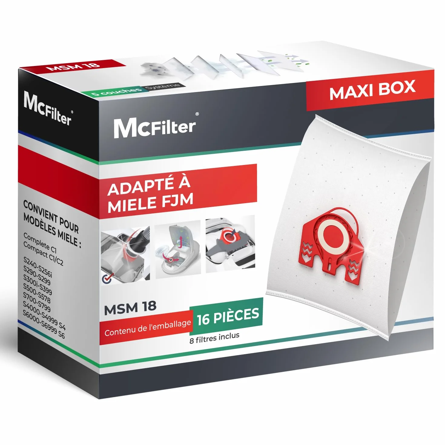 Miele FJM S2 S3 S4 S5 S6 S7 Complete C1 Compact C1 C2 sacs à poussière 16 pièces avec 8 filtres autobloquants MAXI BOX