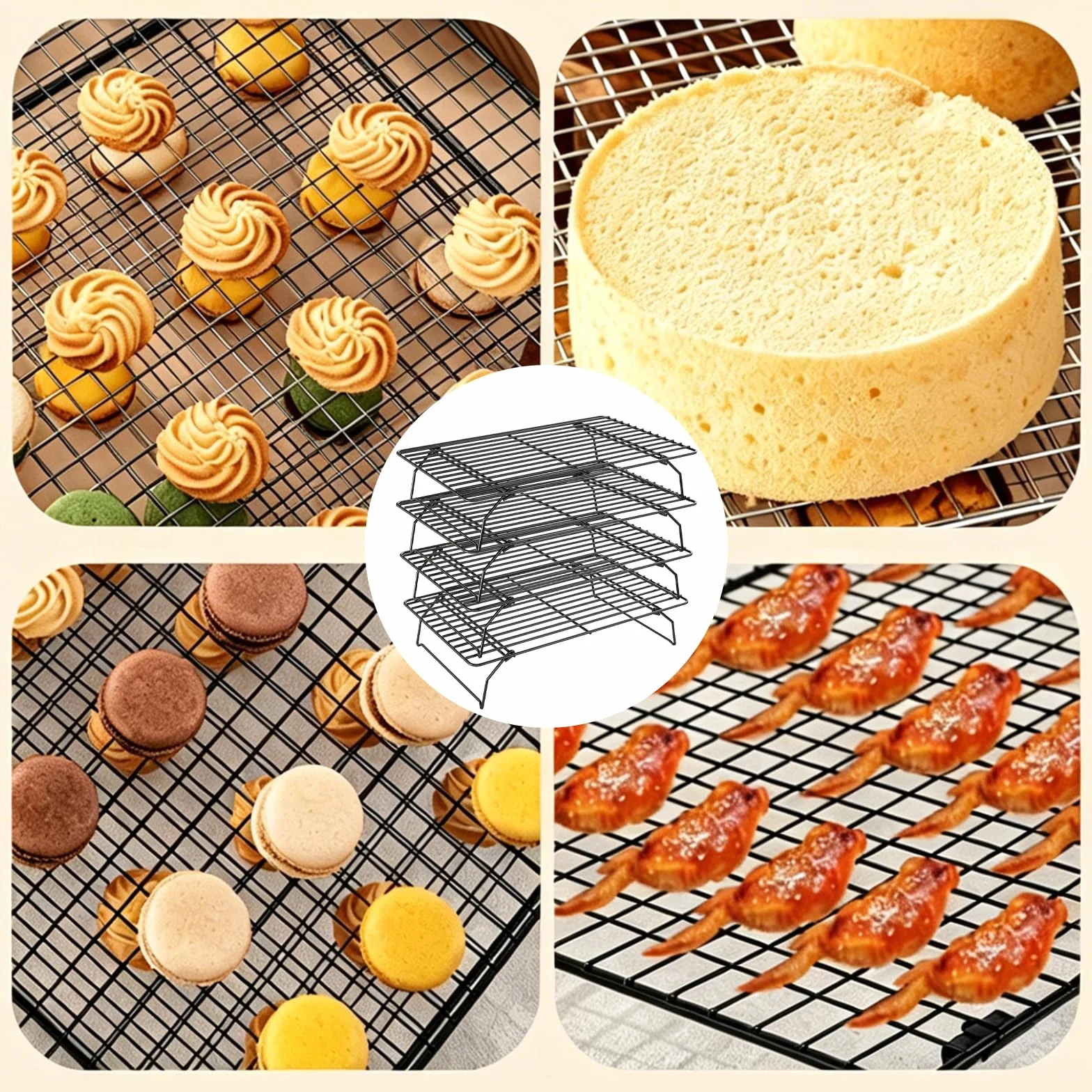 Grille de Refroidissement Empilables en Acier Inoxydable 40x25x4 cm 4 Étages Antiadhésif Cuisson Pâtisserie