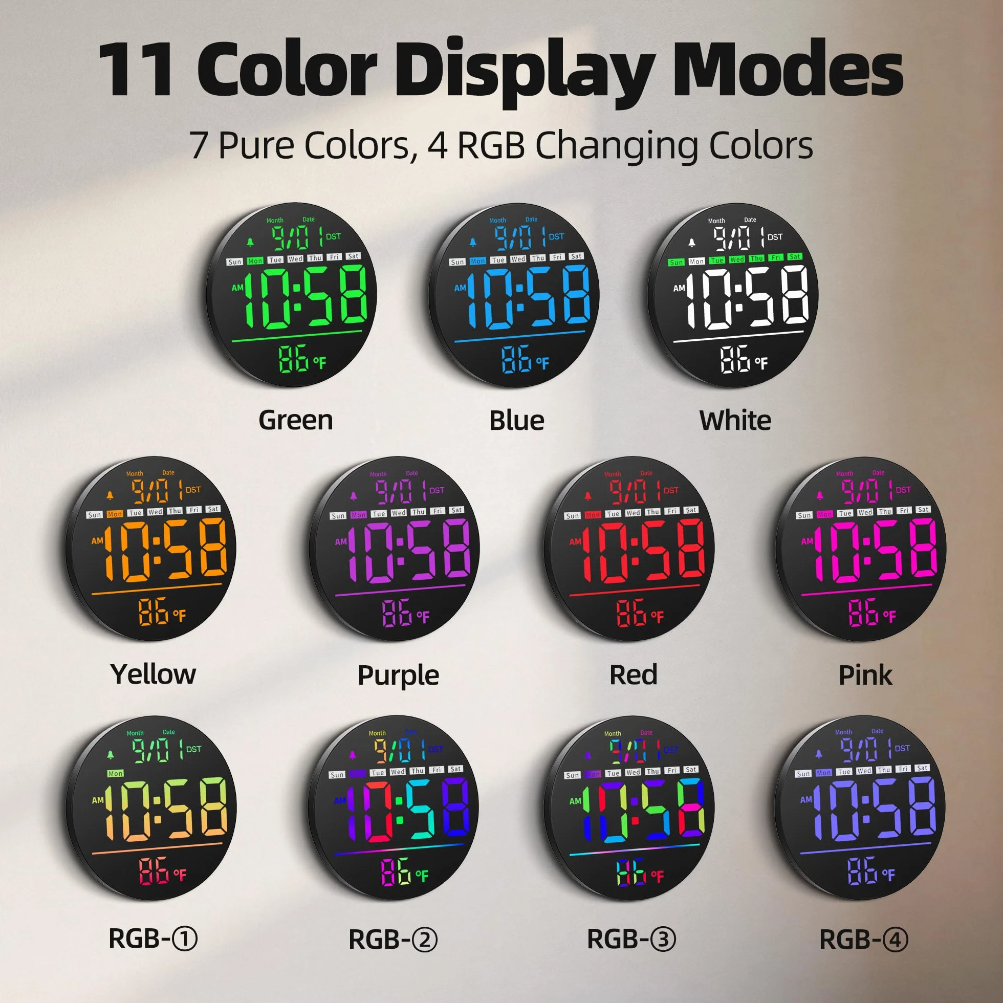 Maxstar Horloge Murale Numérique 8" LED avec Alarme, RGB, Température, Date