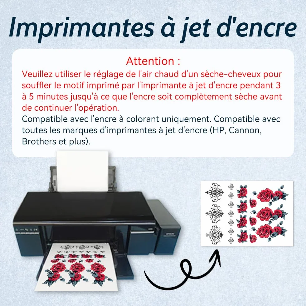 Papier Transfert Tatouage Temporaire Transparent A4, Impression Jet d'Encre & Laser, Lavable, Décalcomanie DIY, 5 Feuilles