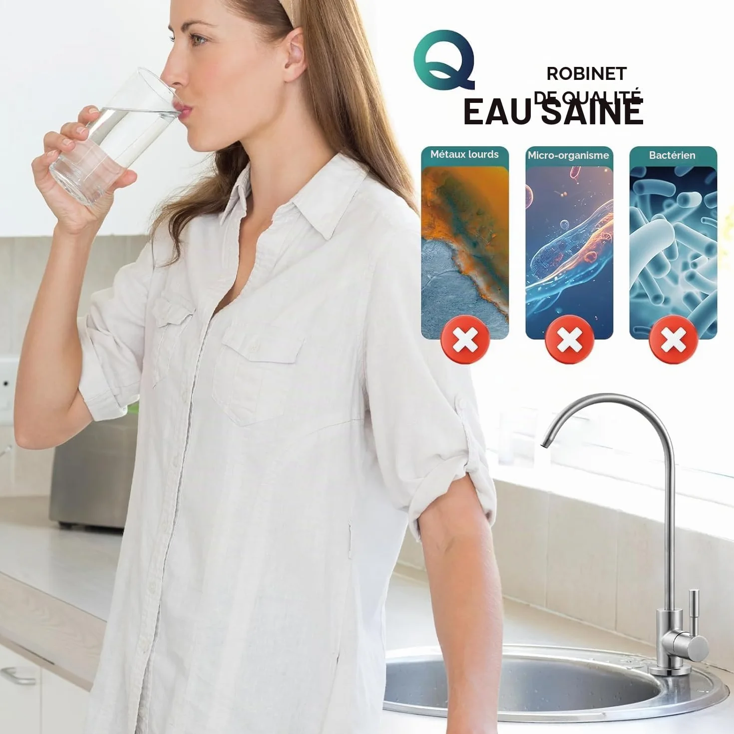 Robinet de Filtre à Eau Inox 1/4", 360° Pivotant pour Osmose Inverse Sous Évier