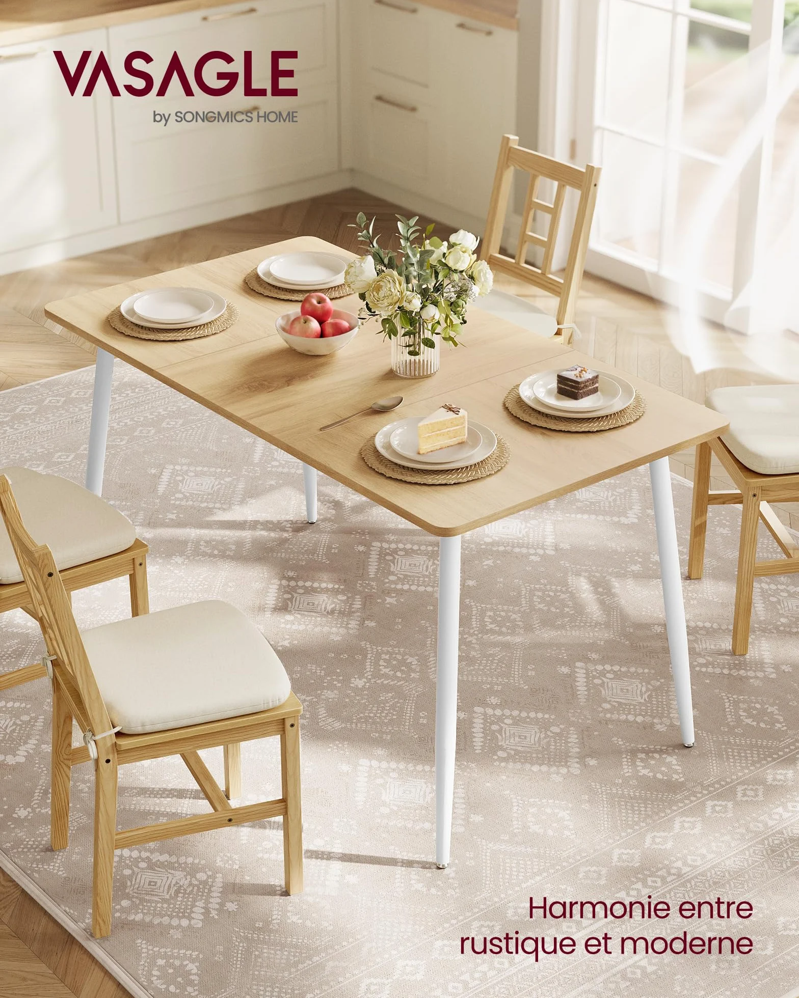 VASAGLE Table à Manger 75 x 140 x 75 cm Doré Chêne Blanc Nuage pour 4 à 6 Personnes