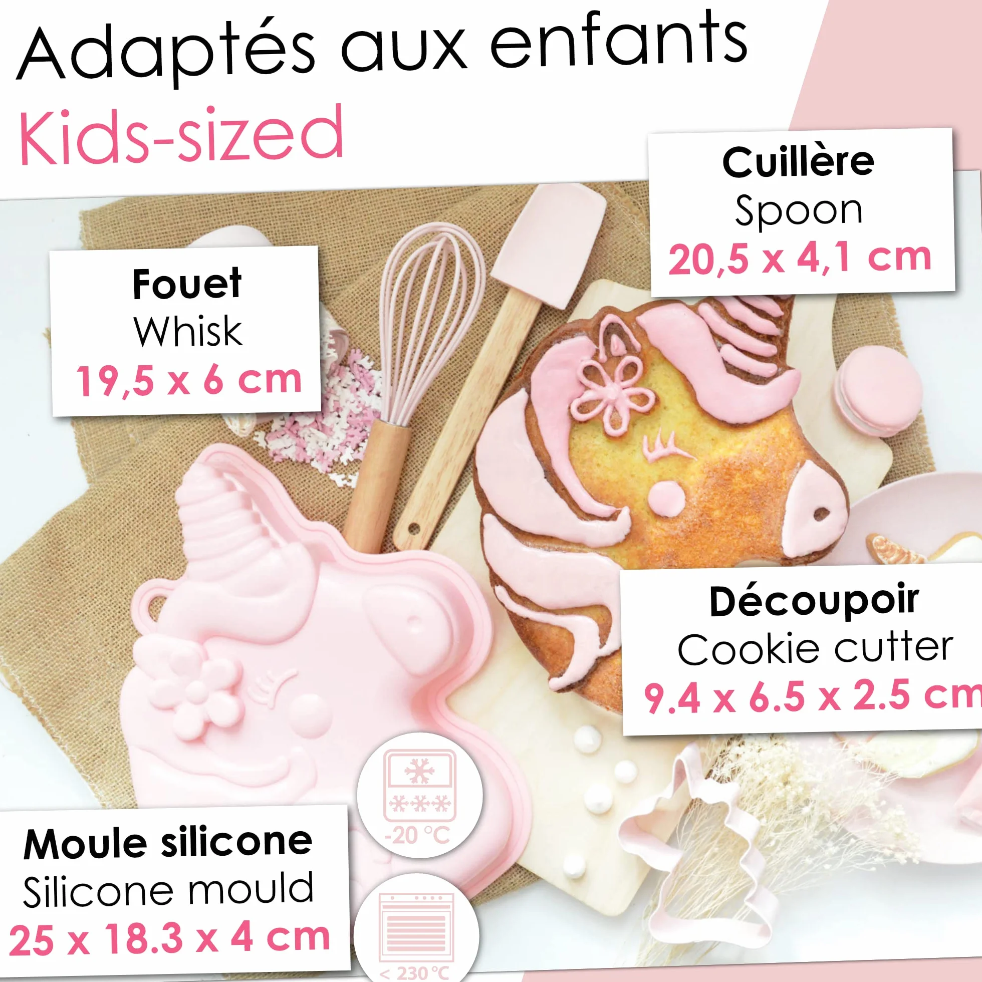 ScrapCooking Coffret Pâtisserie Licorne Enfants 4 Ustensiles Fouet Cuillère Moule Découpoir Bois Silicone Inox