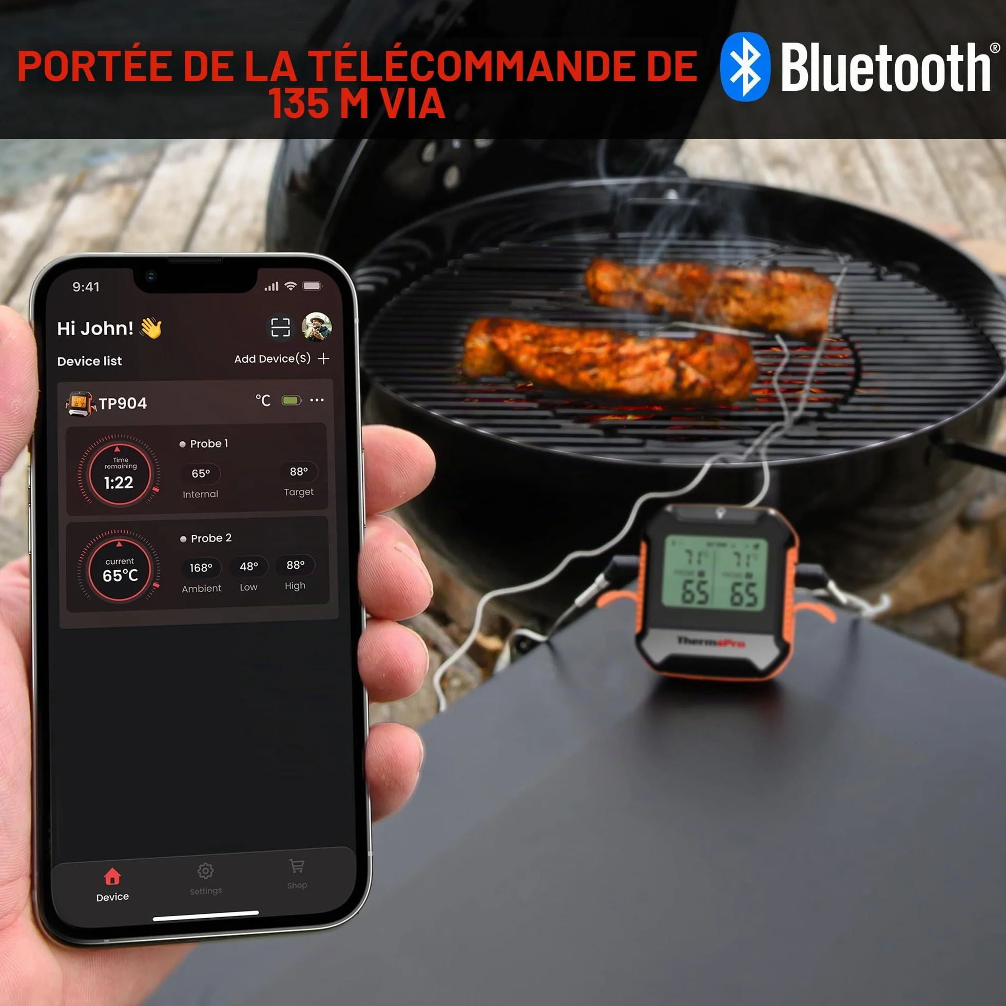 ThermoPro TempPro TP904 Thermomètre à viande numérique sans fil Bluetooth 135 m avec double sonde