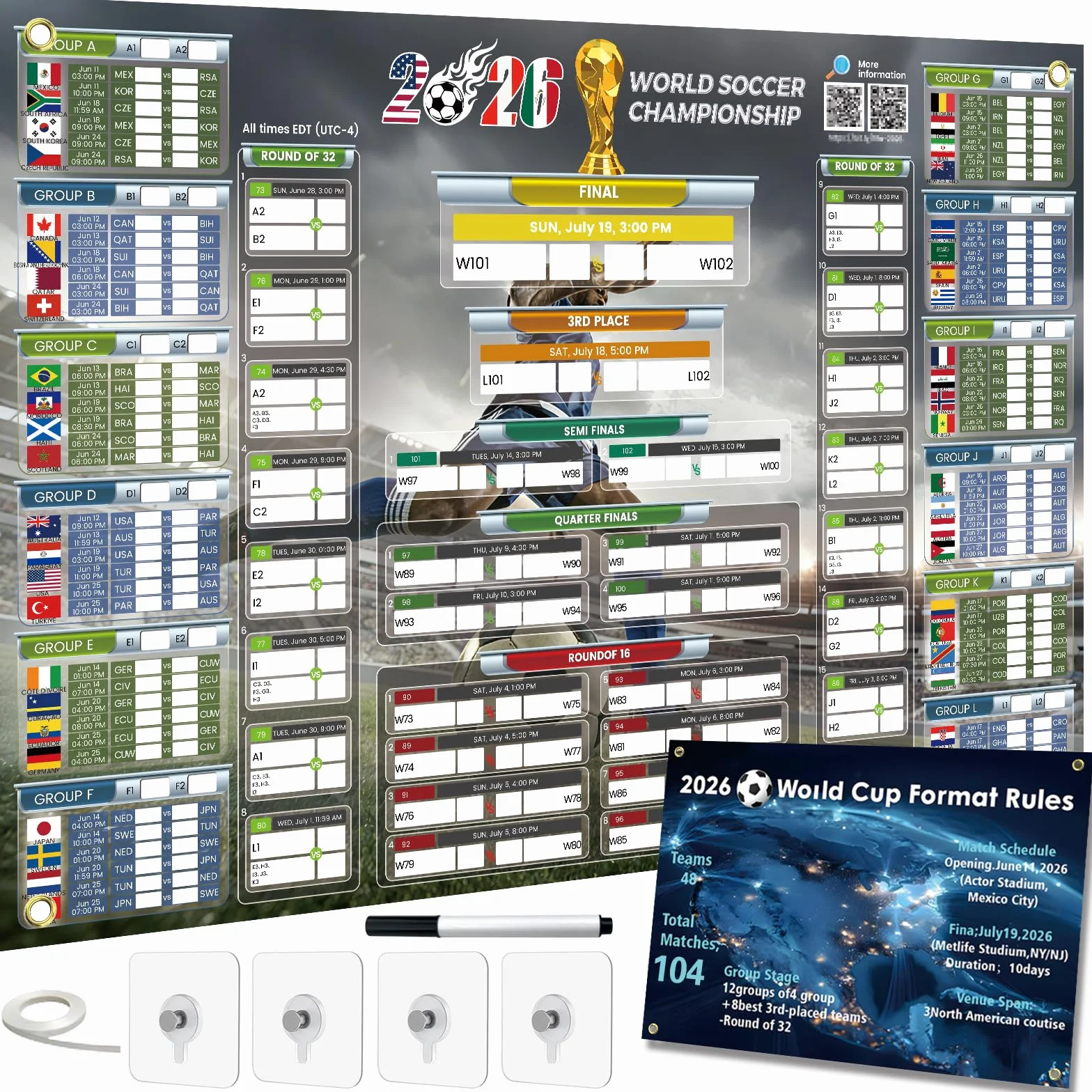 Calendrier Coupe du Monde 2026 QR code scores en direct 84.1x59.4 cm grand format police large Cadeau Fête des Pères