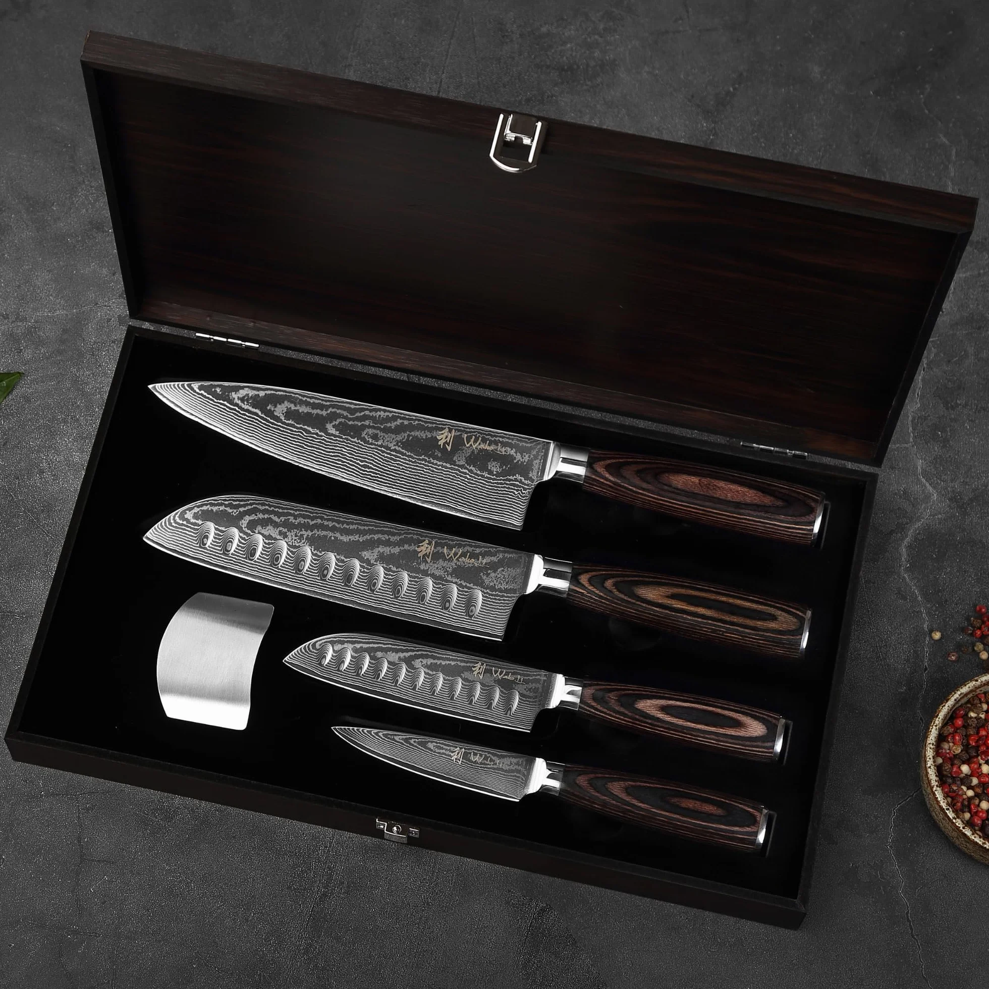 Wakoli EDIB Essentials Set de 4 couteaux en Damas acier damassé 67 couches noyau VG10 manches bois pakka cuisine professionnels