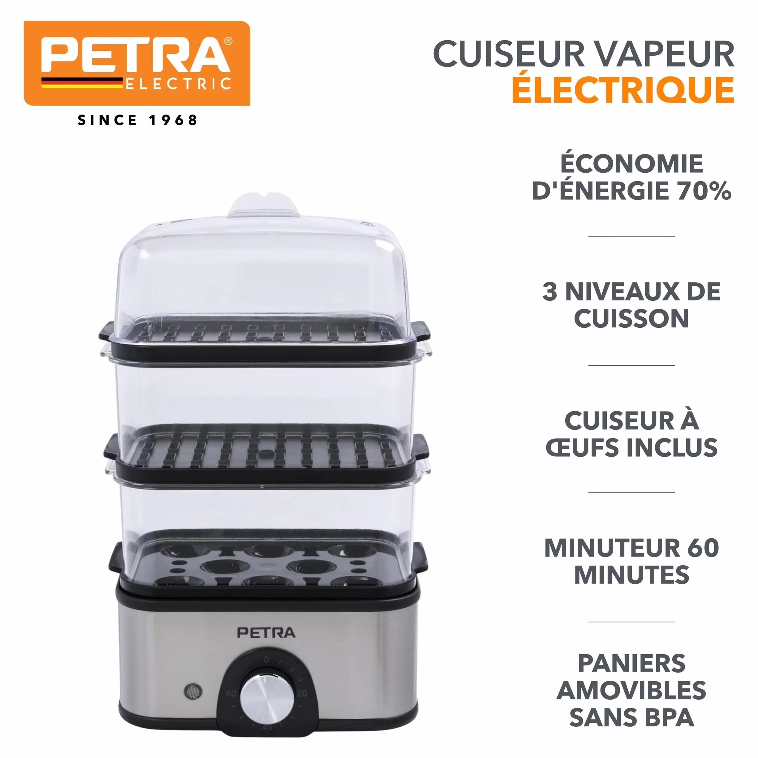 Petra Cuiseur Vapeur Électrique 3L 500W, Cuit Vapeur 3 Niveaux, Panier sans BPA, Minuteur 60min