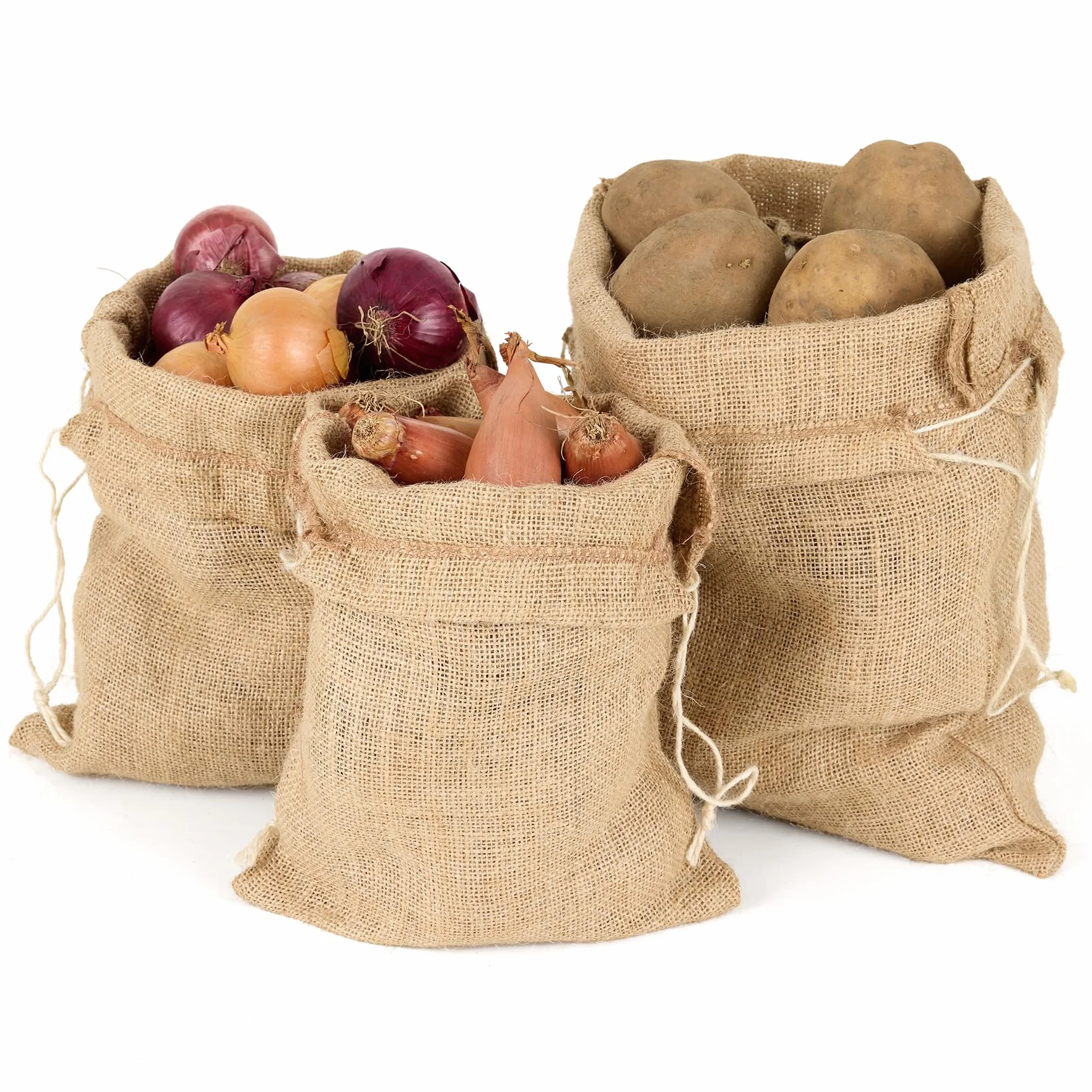 La Cordeline 3 Sacs Toile Jute Naturel Stockage Légumes Pomme de Terre Oignons Cordon Serrage 3 Tailles S M L