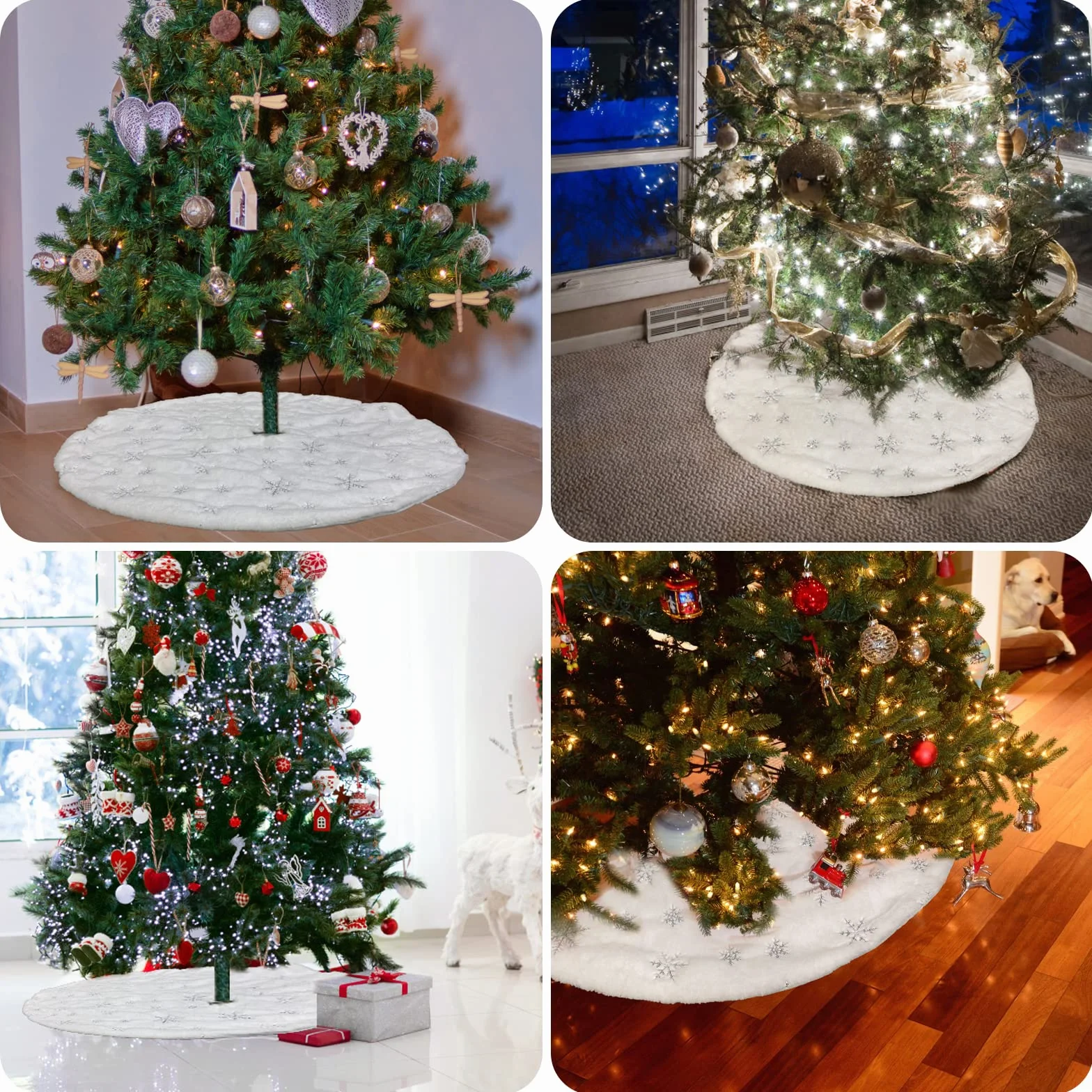 Jupe de Sapin de Noël 90cm, Blanc Peluche Double Couche avec Flocon Argenté, Décoration Noël