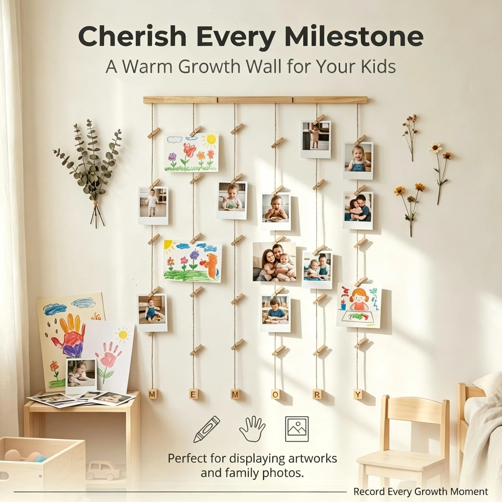 Cadre Photo Mural Avec Corde Porte-Photos 30 Pinces Couleur Bois Naturel Décoration Maison Cadeau