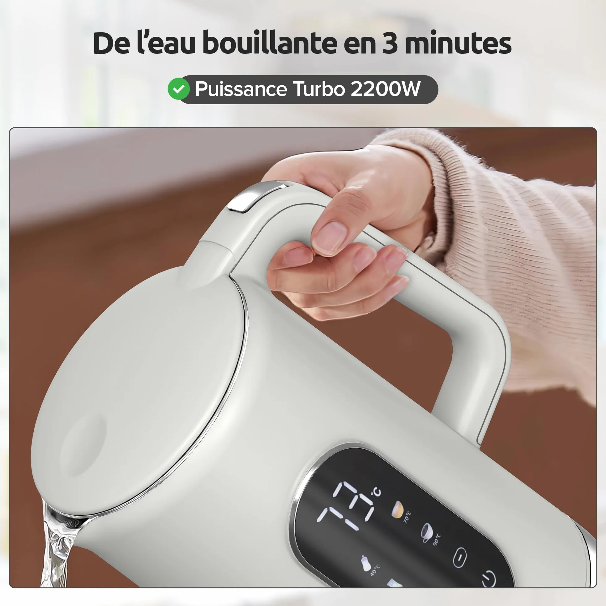 Olvy Bouilloire Électrique 1,7L Inox 2200W Double Paroi Maintien au Chaud