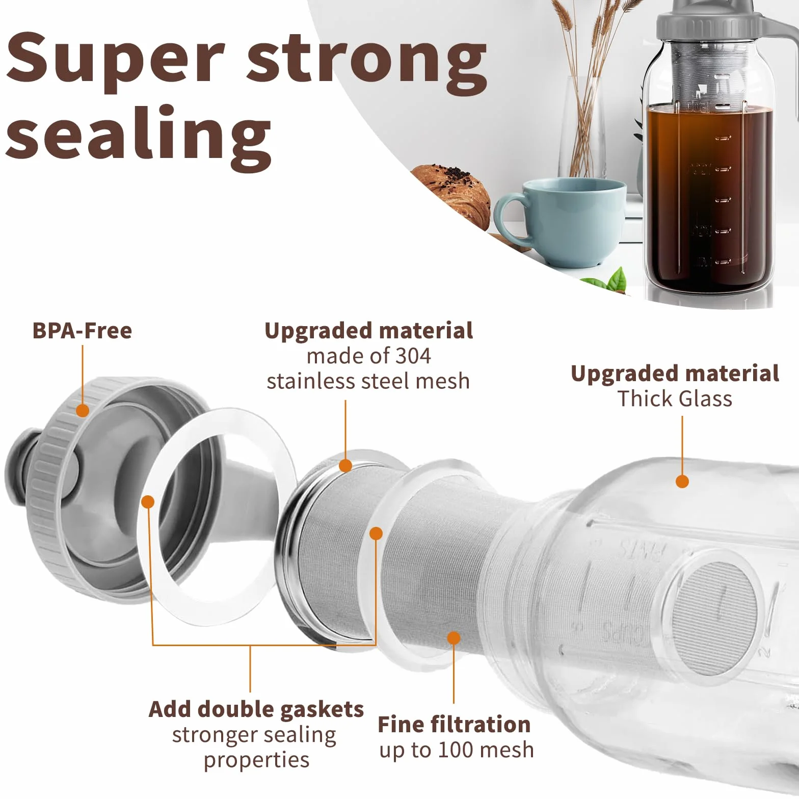 Cafetière à infusion froide 1,8 L, filtre, pichet en verre épais, couvercle étanche, brosse sans BPA, passe au lave-vaisselle (gris)