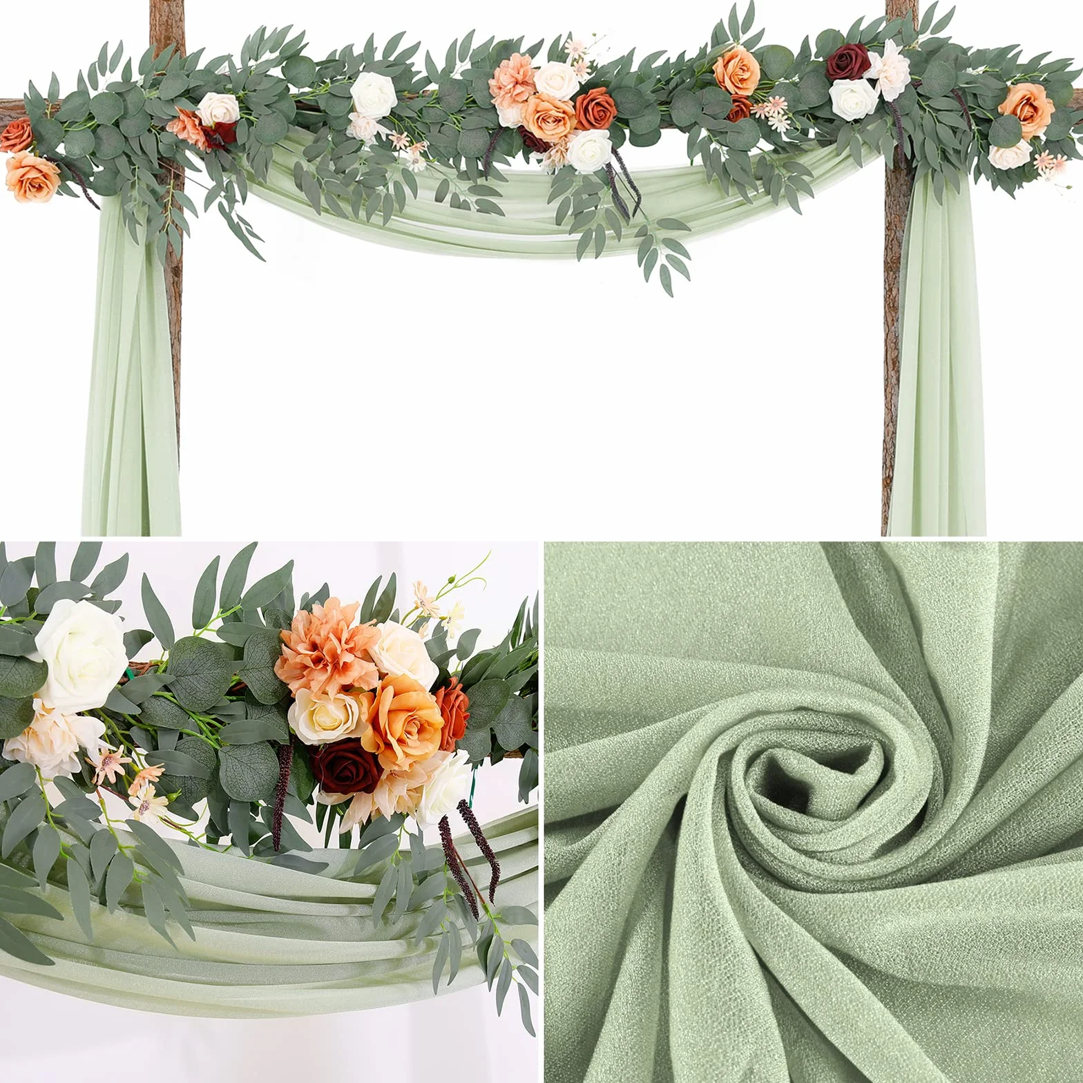 Mariage Arche Tenture Voilage Drapés Mousseline Élastique 70 x 550 cm Décoration Toile Fond Rideau Gaze Gris Vert
