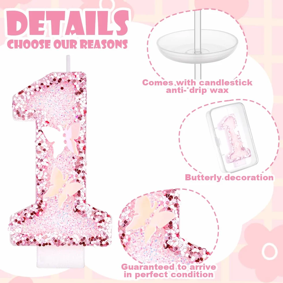 Bougies d'anniversaire Numéro 1, Bougie Chiffre 3D Rose, Décoration Gâteau Anniversaire