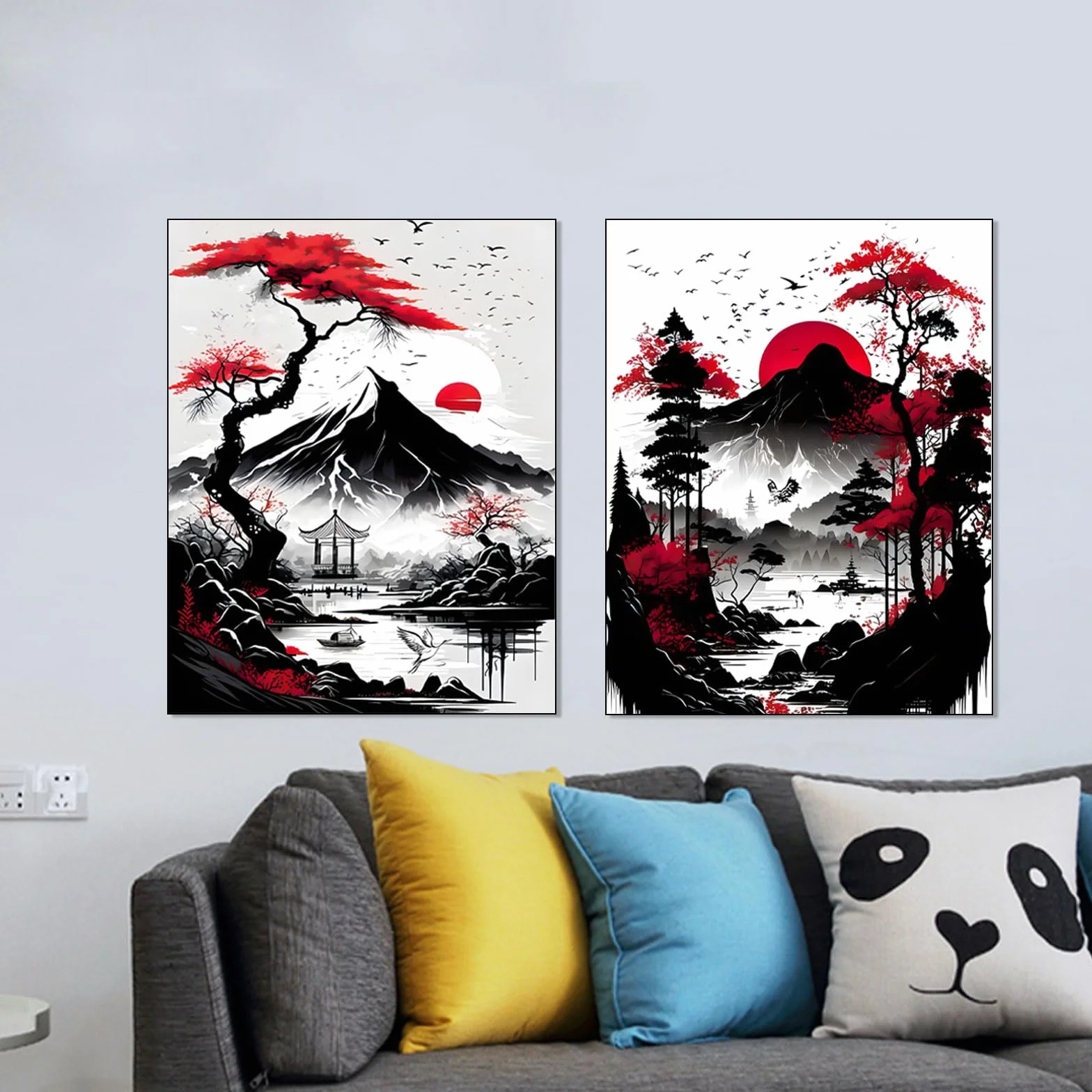 Poster de paysage japonais, temple japonais en automne noir et blanc, décoration murale sans cadre, 50 x 70 cm