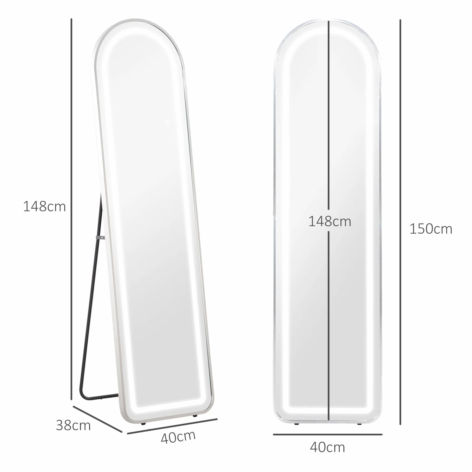 HOMCOM Miroir Pleine Longueur LED 150x40 cm 3 Couleurs Lumière Réglables Interrupteur Tactile Fonction Mémoire Argent