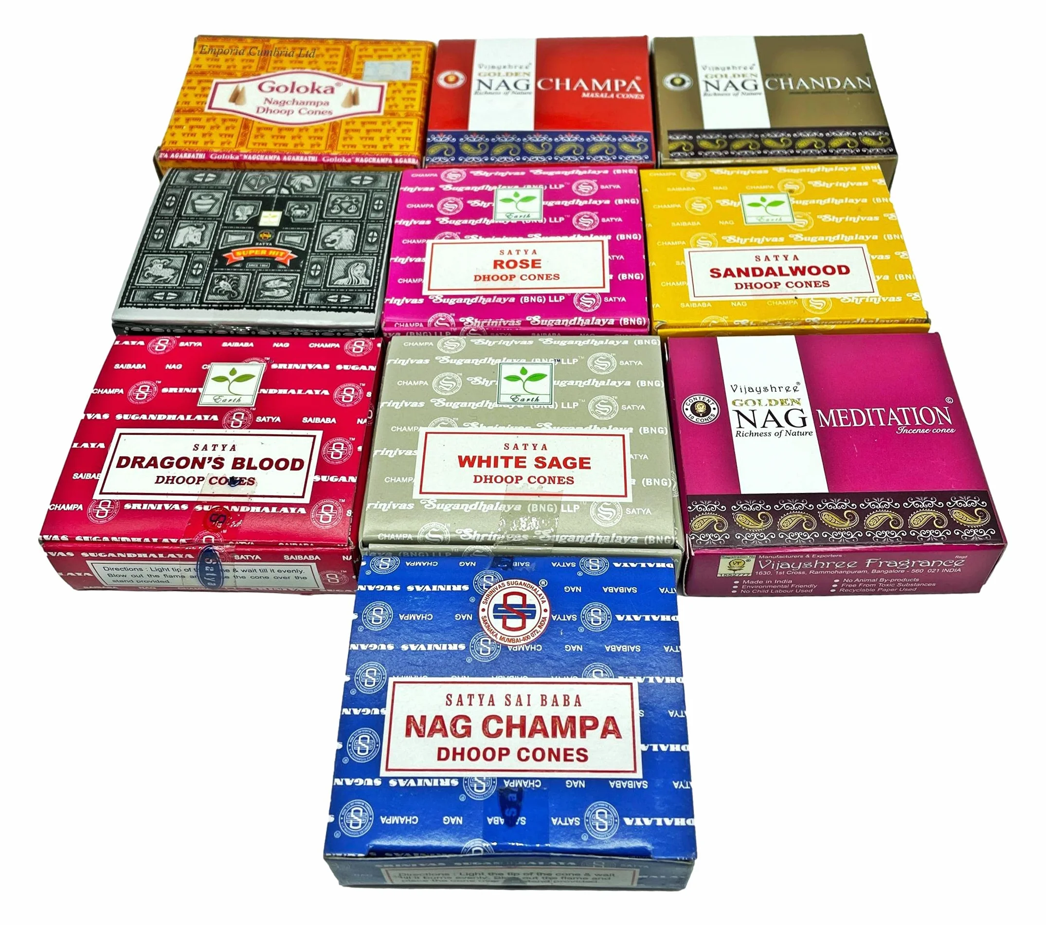 Satya Nag Champa Golden Vijayshree Goloka cônes d'encens x 10 paquets