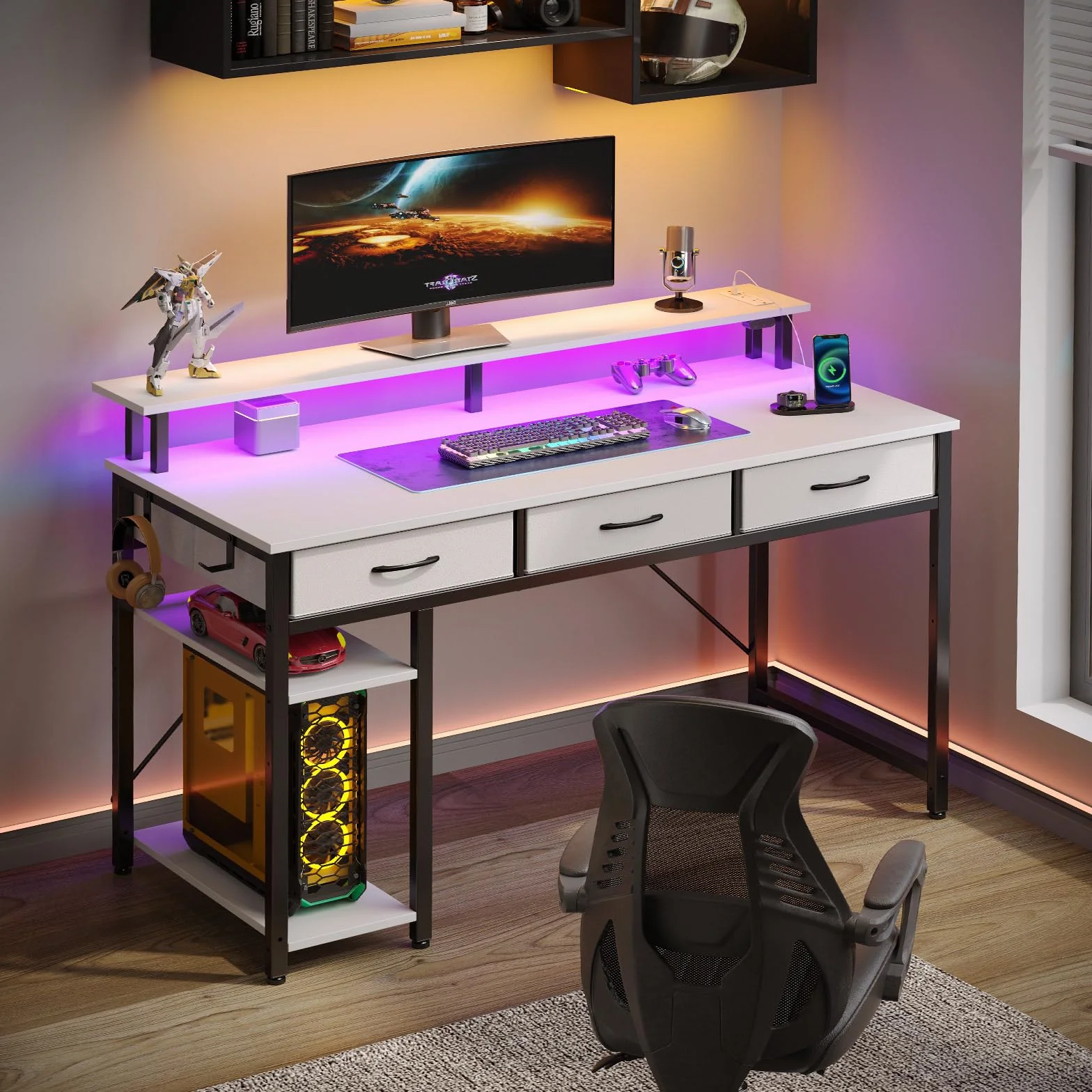 Rolanstar Bureau avec Rangement 100 cm - Table Ado 3 Tiroirs LED RGB Prises de Courant, Blanc