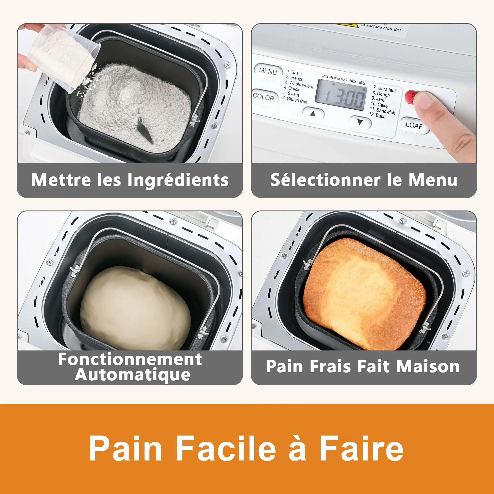 Machine à Pain 12 Programmes Automatiques Cuisson 360° Sans Gluten Pâte à Pizza Gâteau Confiture