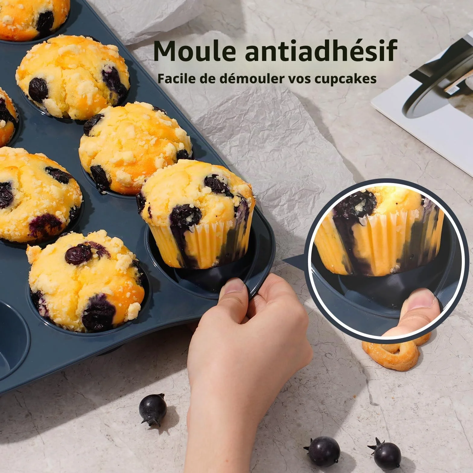 Moule à Muffins en Silicone Anti-adhésif 33 x 25 x 3 cm Gris Plaque Pâtisserie Cupcakes Brownies Pudding