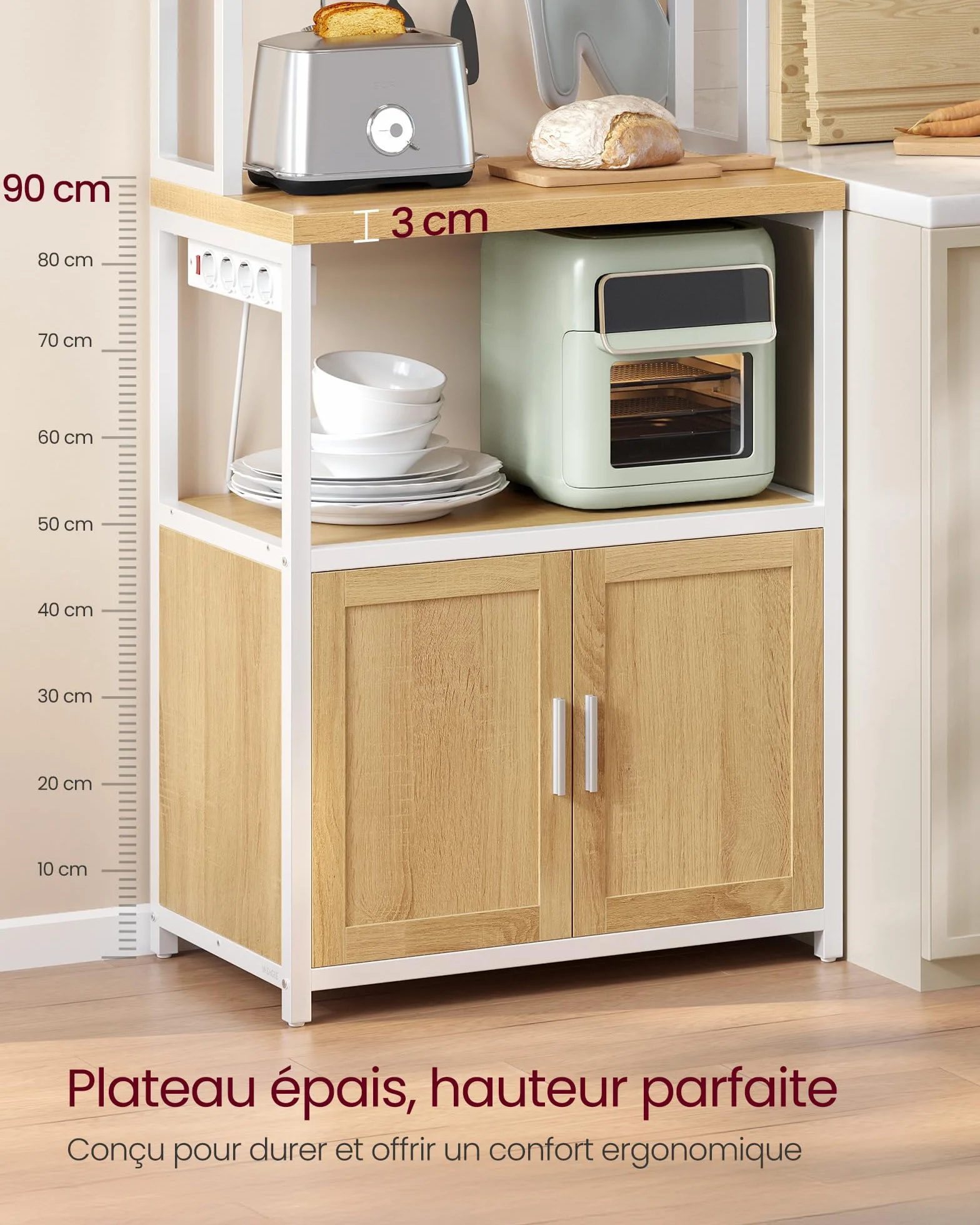 VASAGLE Étagère de Cuisine avec Multiprise, Bar à Café, 90 cm, 40 x 60 x 170 cm, Doré Chêne et Blanc Nuage