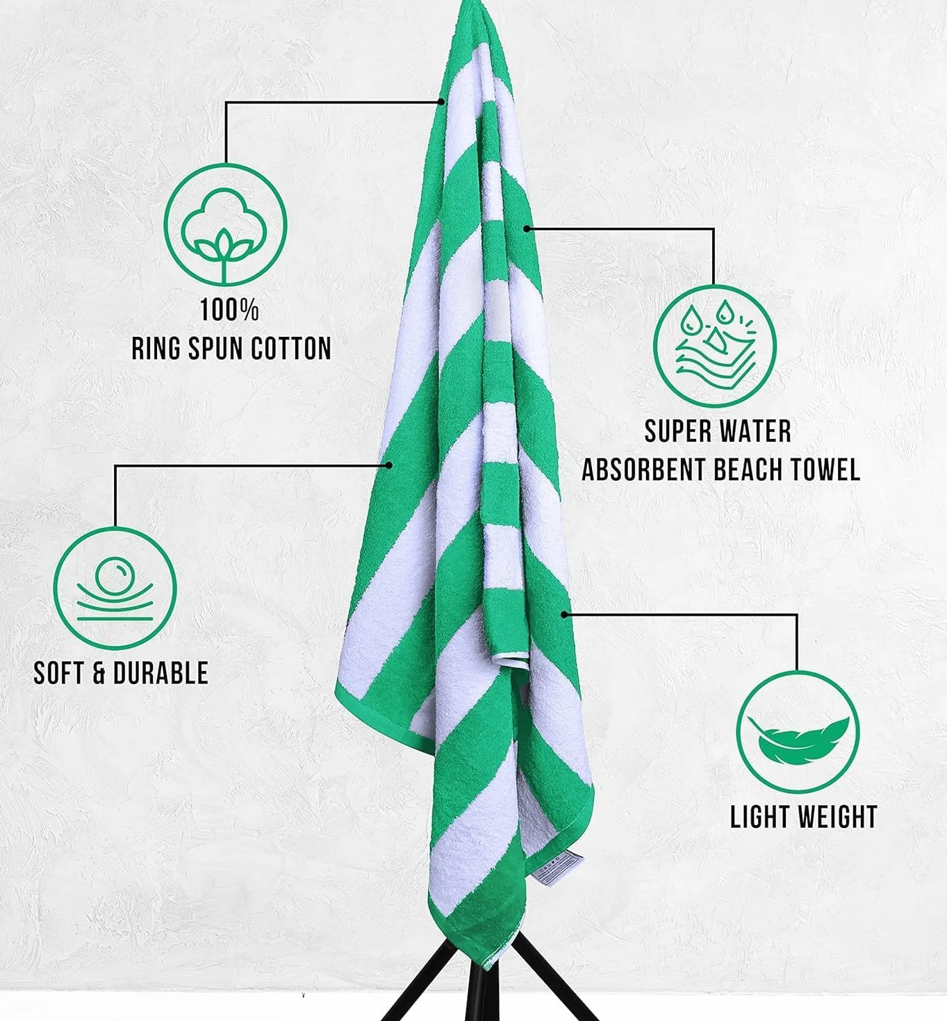 Serviettes de Plage Cabana Stripe 76 x 152 cm 100% Coton Lot de 4 Bleu Gris Rouge Vert