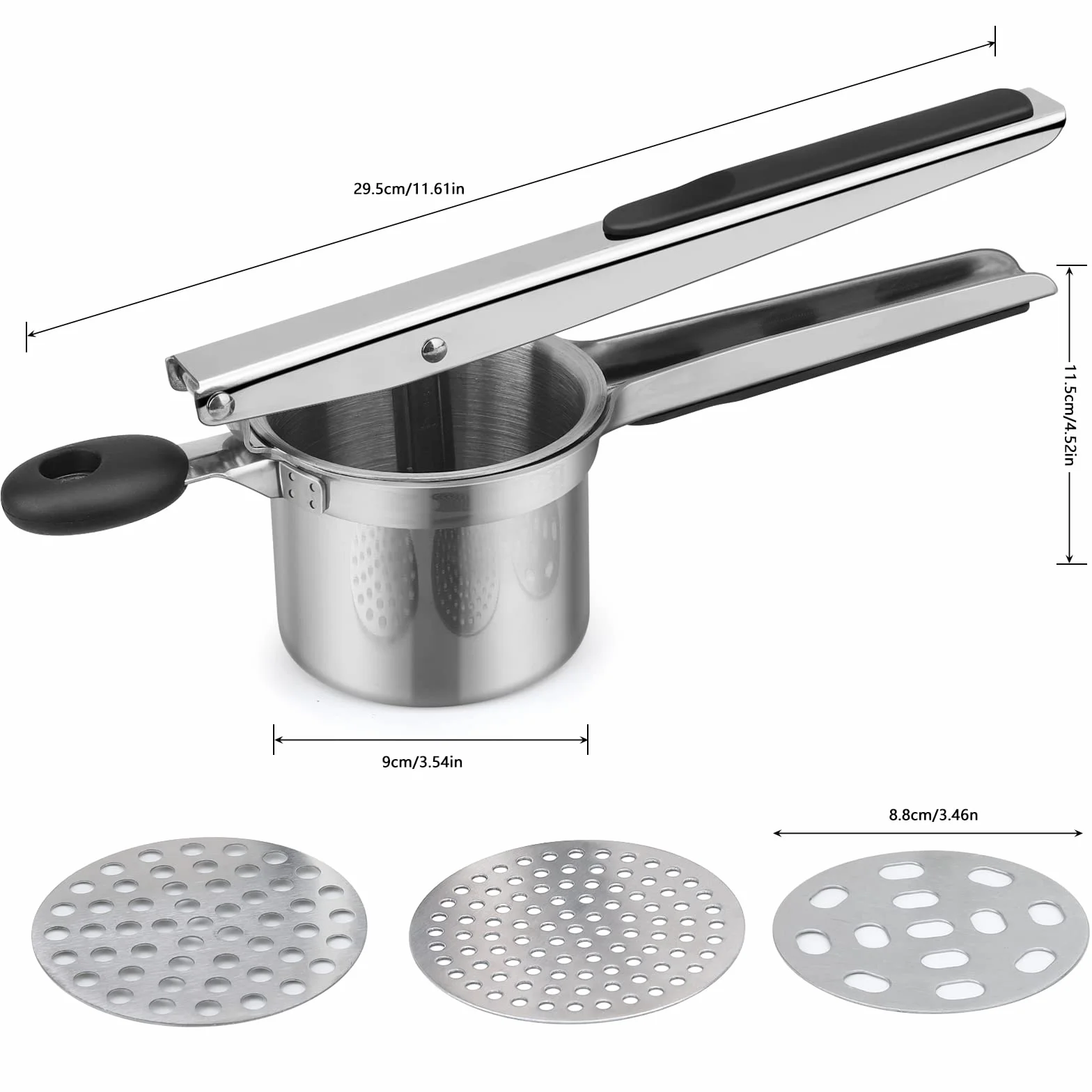 Presse Purée Manuelle Acier Inoxydable avec 3 Disques Interchangeables pour Purée de Pommes de Terre et Jus de Citron