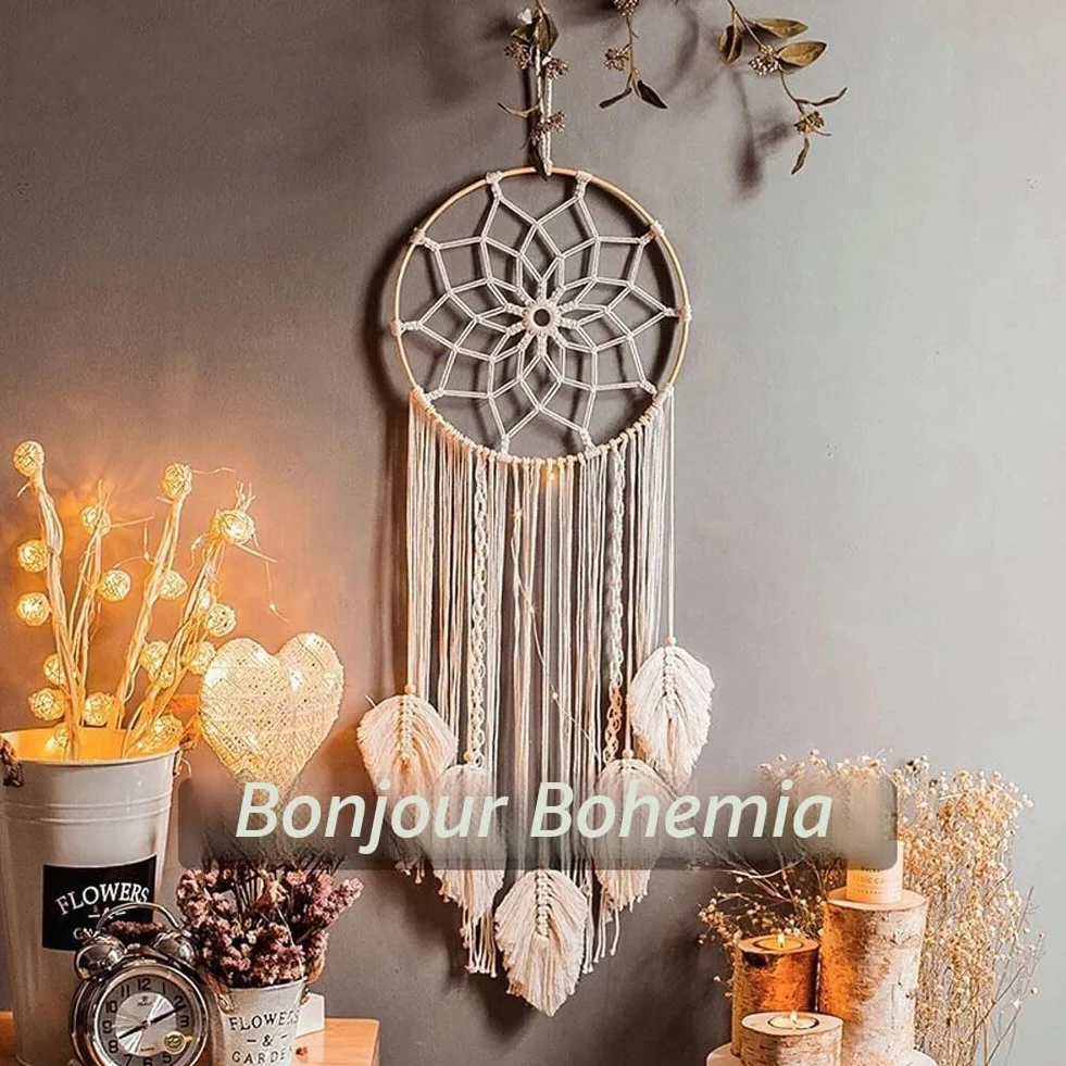Attrape-rêves Boho Blanc Fait Main Macramé Tissé Coton Art mural Décoration Maison