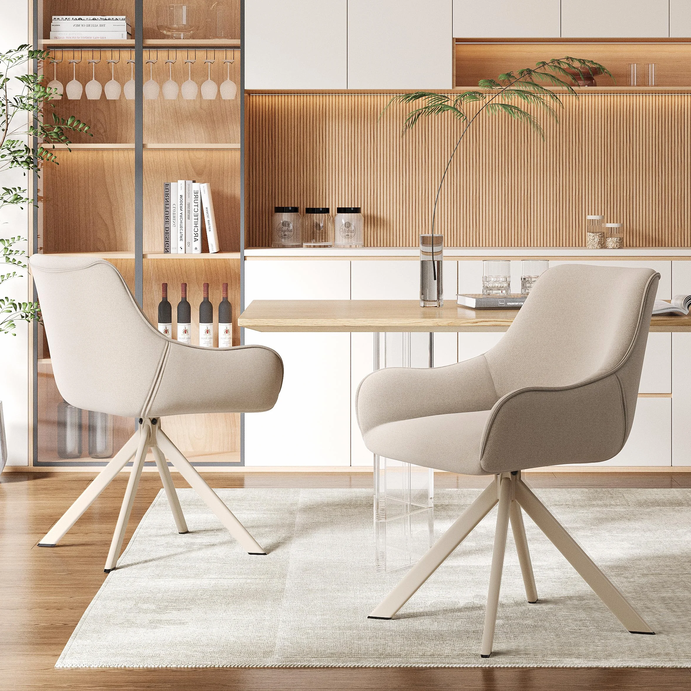 Lot de 6 chaises de salle à manger pivotantes 360° en lin beige avec accoudoirs et structure métal