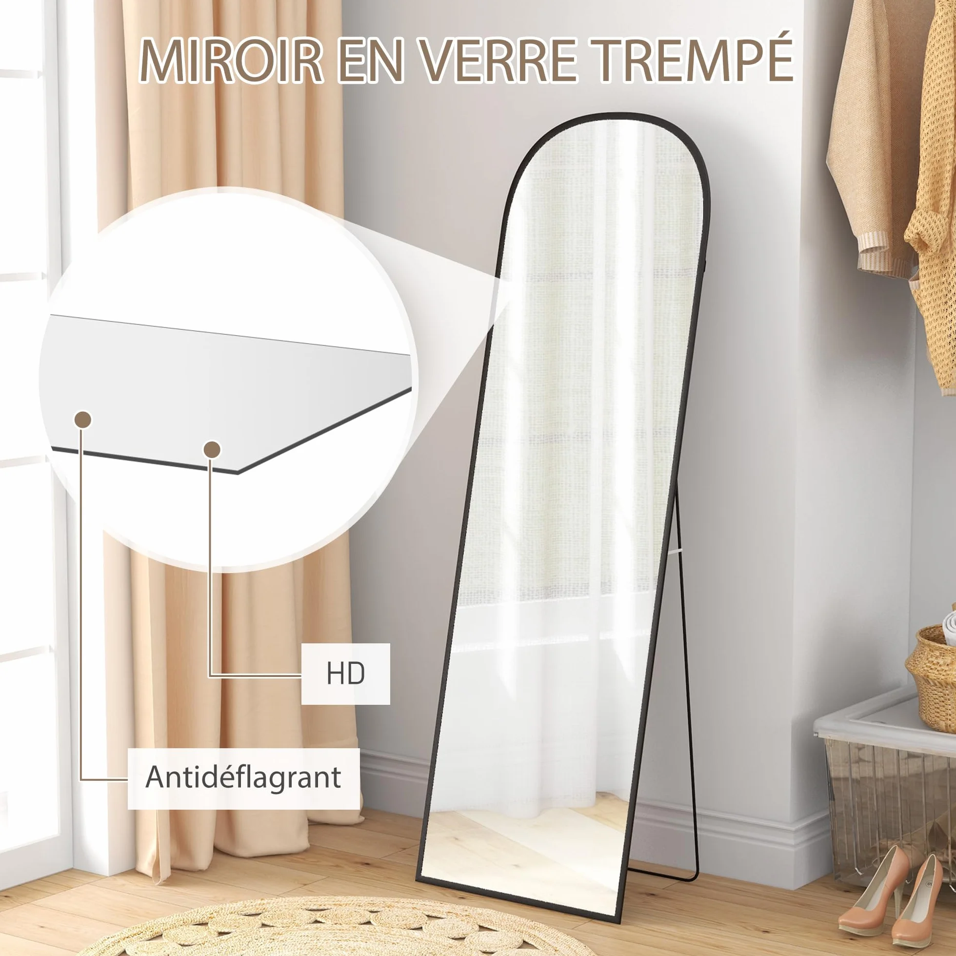 HOMCOM Miroir sur Pied Mural Rectangulaire Cadre Aluminium 50 x 161,5 cm Noir