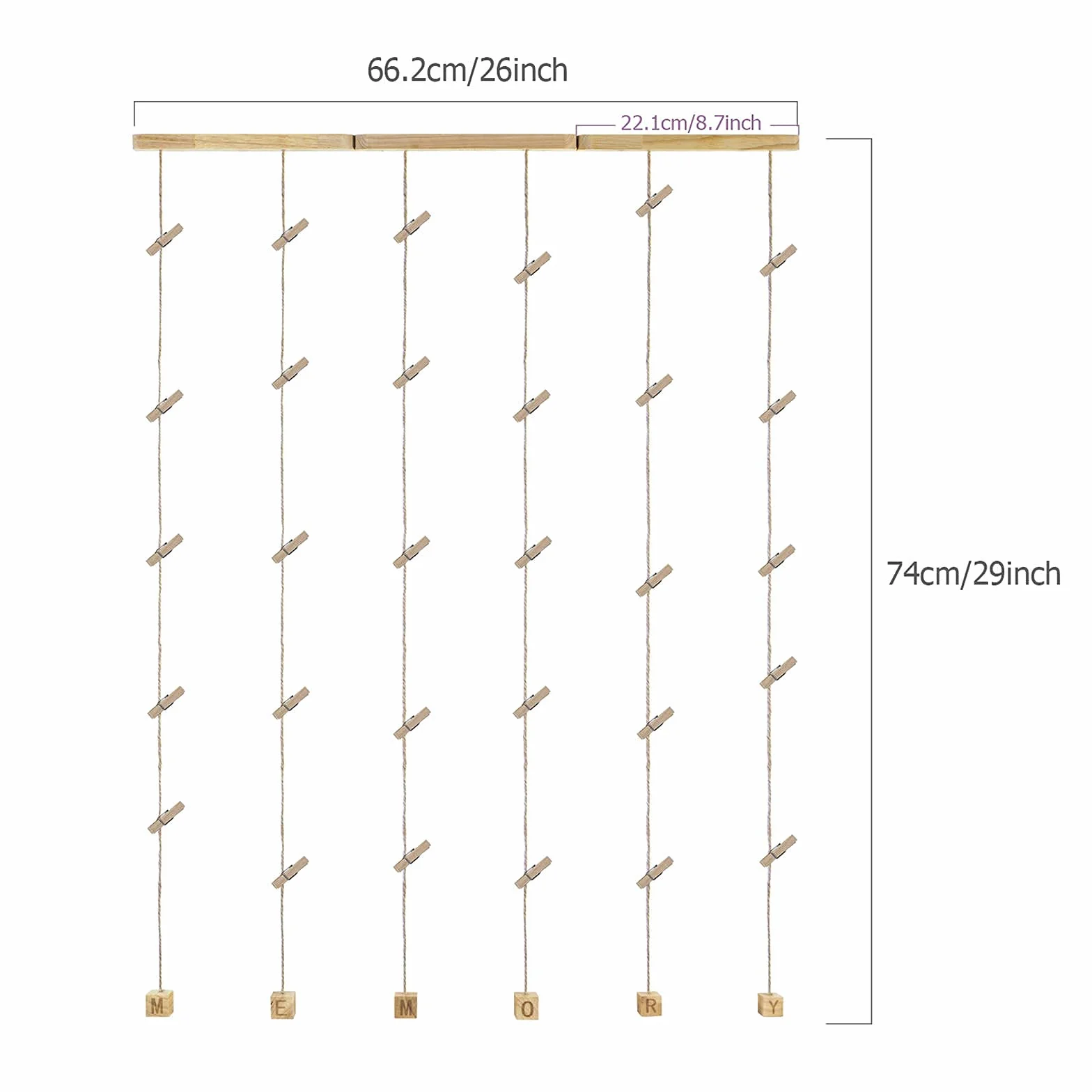 Cadre Photo Mural Avec Corde Porte-Photos 30 Pinces Couleur Bois Naturel Décoration Maison Cadeau