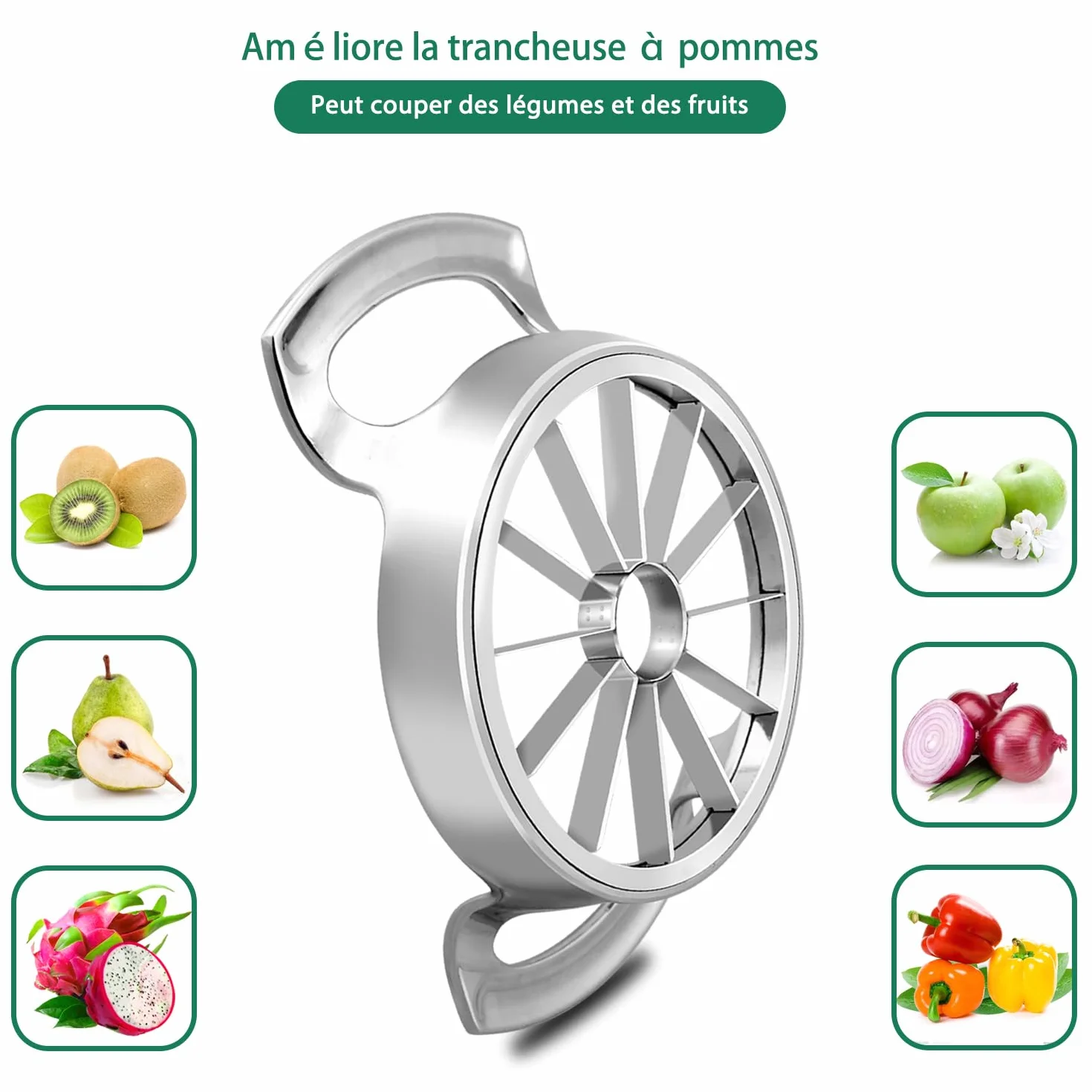Trancheuse de pommes en acier inoxydable 12 lames extra large coupe jusqu'à 4 pouces