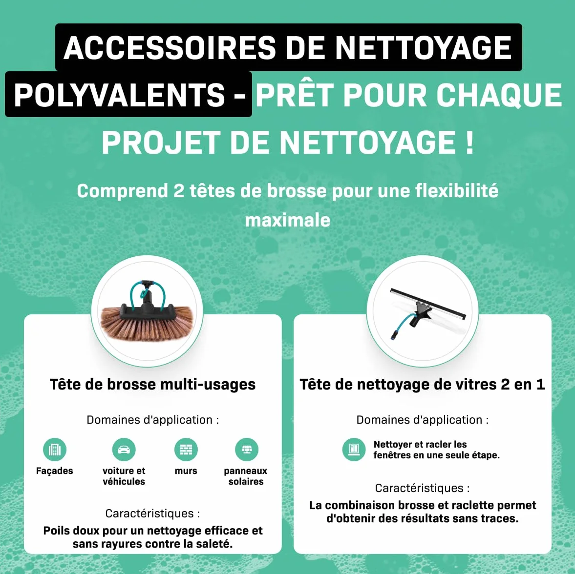 VONROC Brosse de Lavage Télescopique 6,5 m avec Arrivée Eau – Kit Complet 2 en 1 Nettoyage Panneaux Solaires, Vitres, Façades