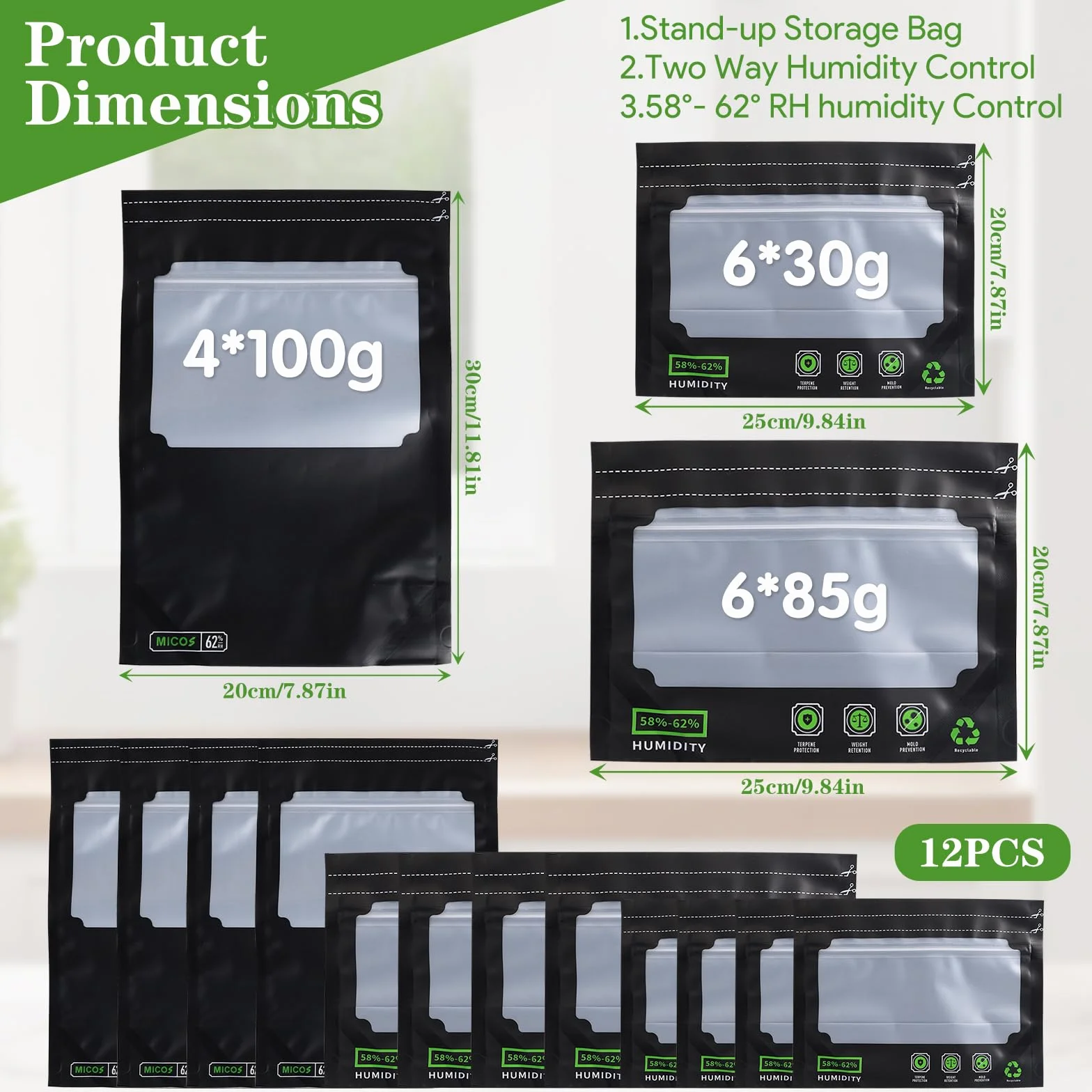 Terploc Sacs de Rangement Grove Bags 30g/85g/100g Hermétiques avec Contrôle de l'Humidité 58-62% Lot de 12
