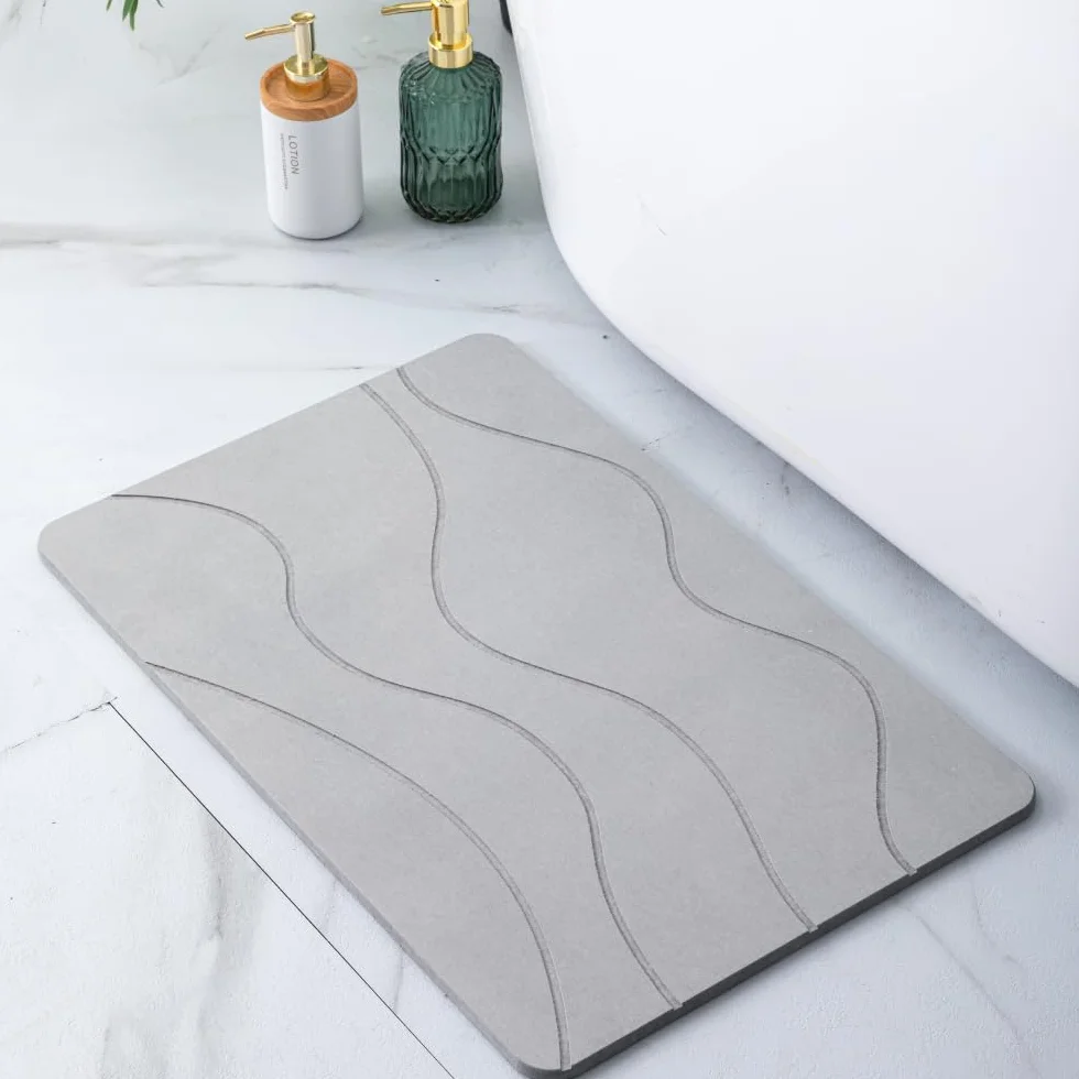 Tapis de Bain Diatomite Antidérapant 60 x 39 cm Pierre Naturelle Salle de Bain Diatomite Stone Bath Mat Waves Gray
