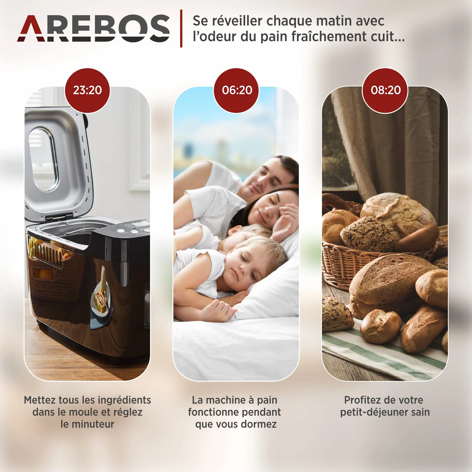 Arebos Machine à pain 1500 g 850 W Noir 15 programmes 2 crochets de pétrissage